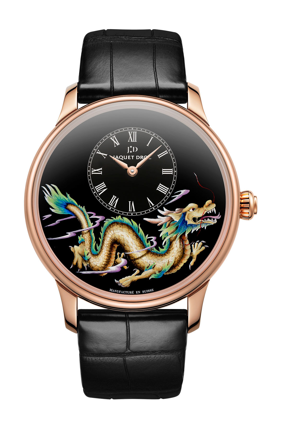 Jaquet Droz Petite Heure Minute Dragon luxury timepiece - detailed view