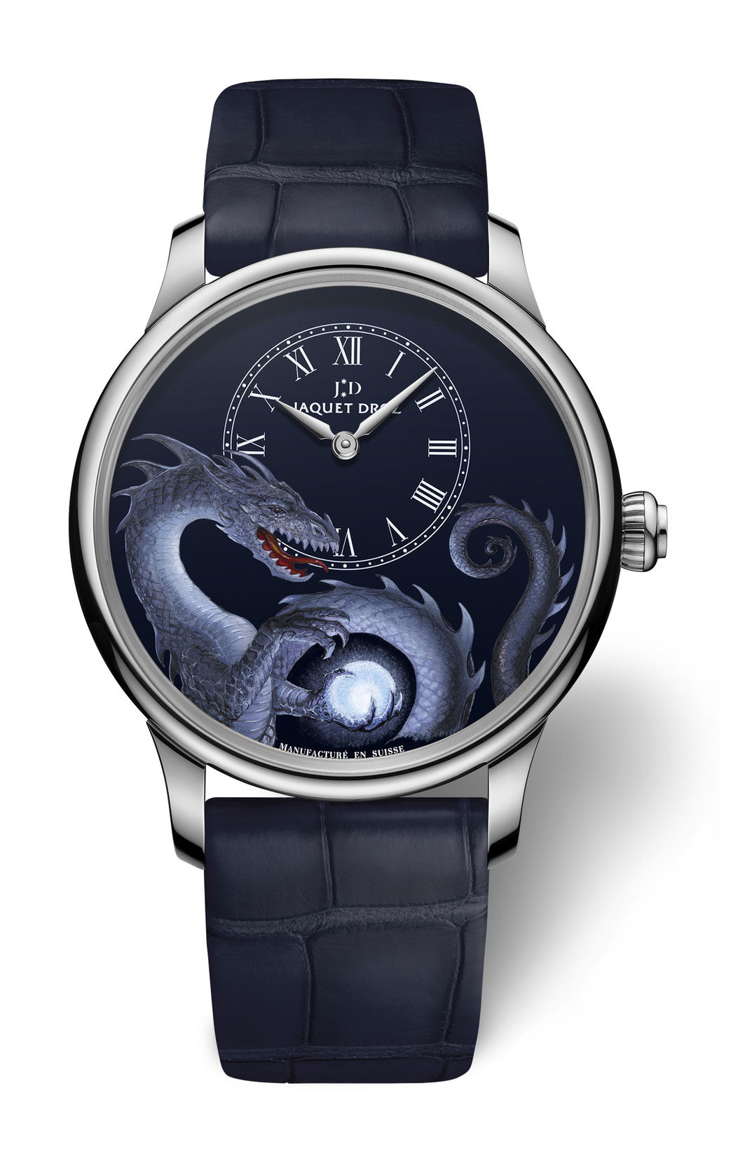 Jaquet Droz Petite Heure Minute Dragon John Howe luxury timepiece - detailed view