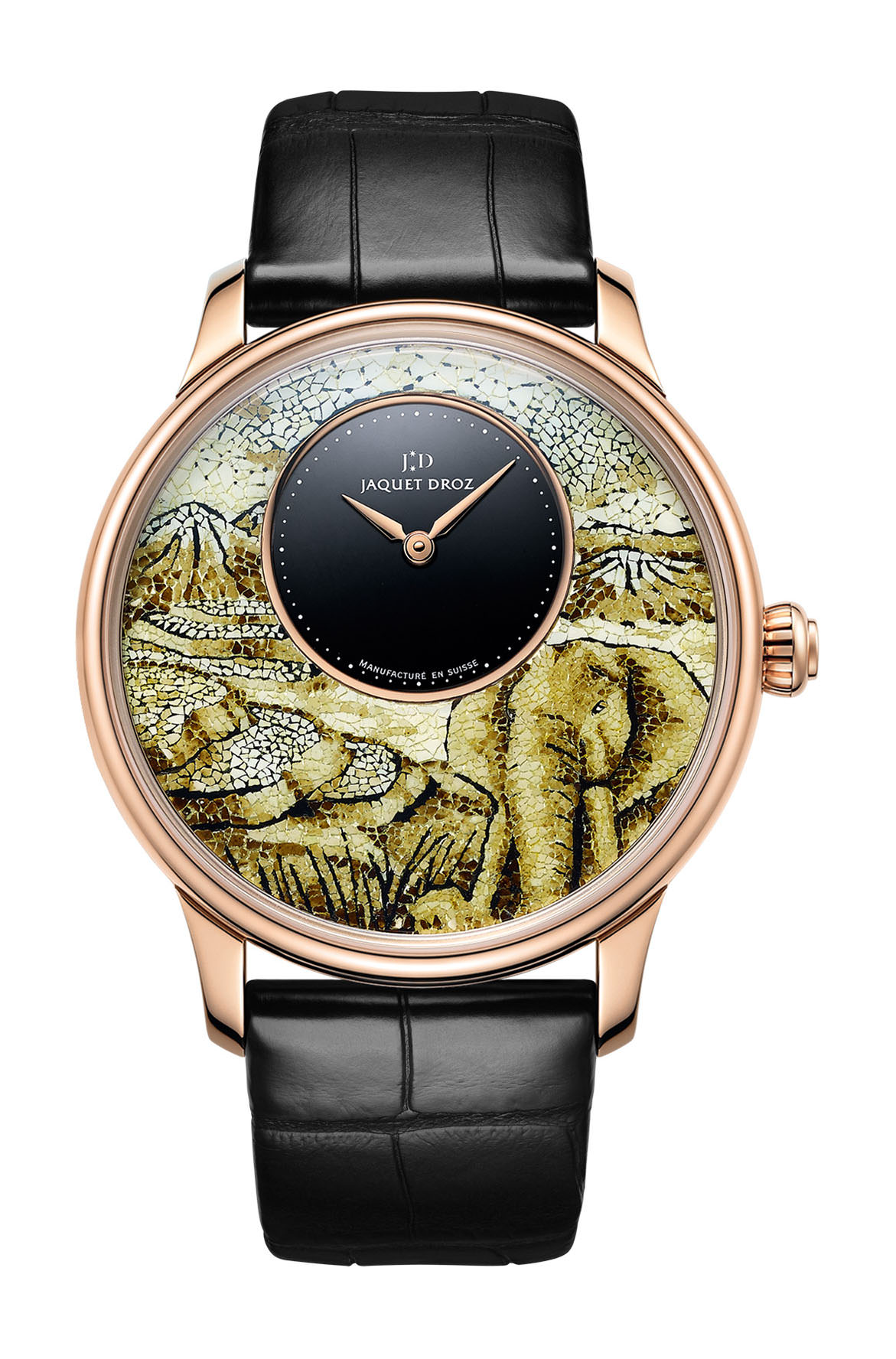 Jaquet Droz Petite Heure Minute Elephant Mosaic luxury timepiece - detailed view