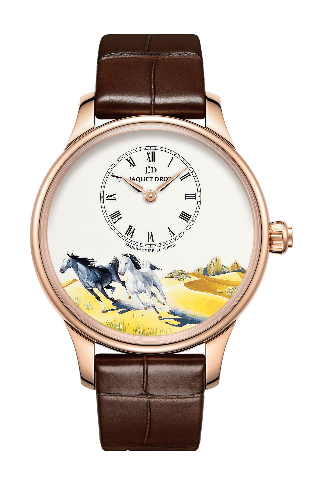 Jaquet Droz Petite Heure Minute Horses luxury timepiece - detailed view