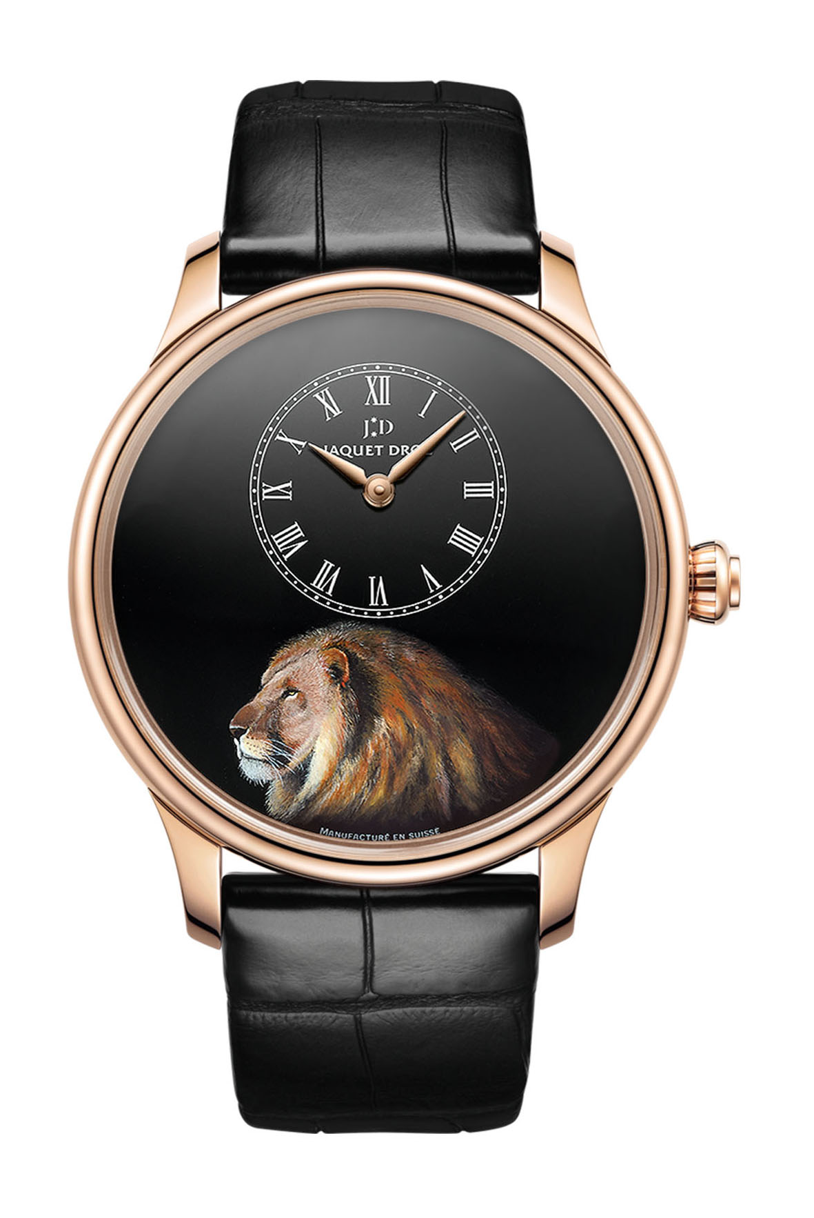 Jaquet Droz Petite Heure Minute Lion luxury timepiece - detailed view