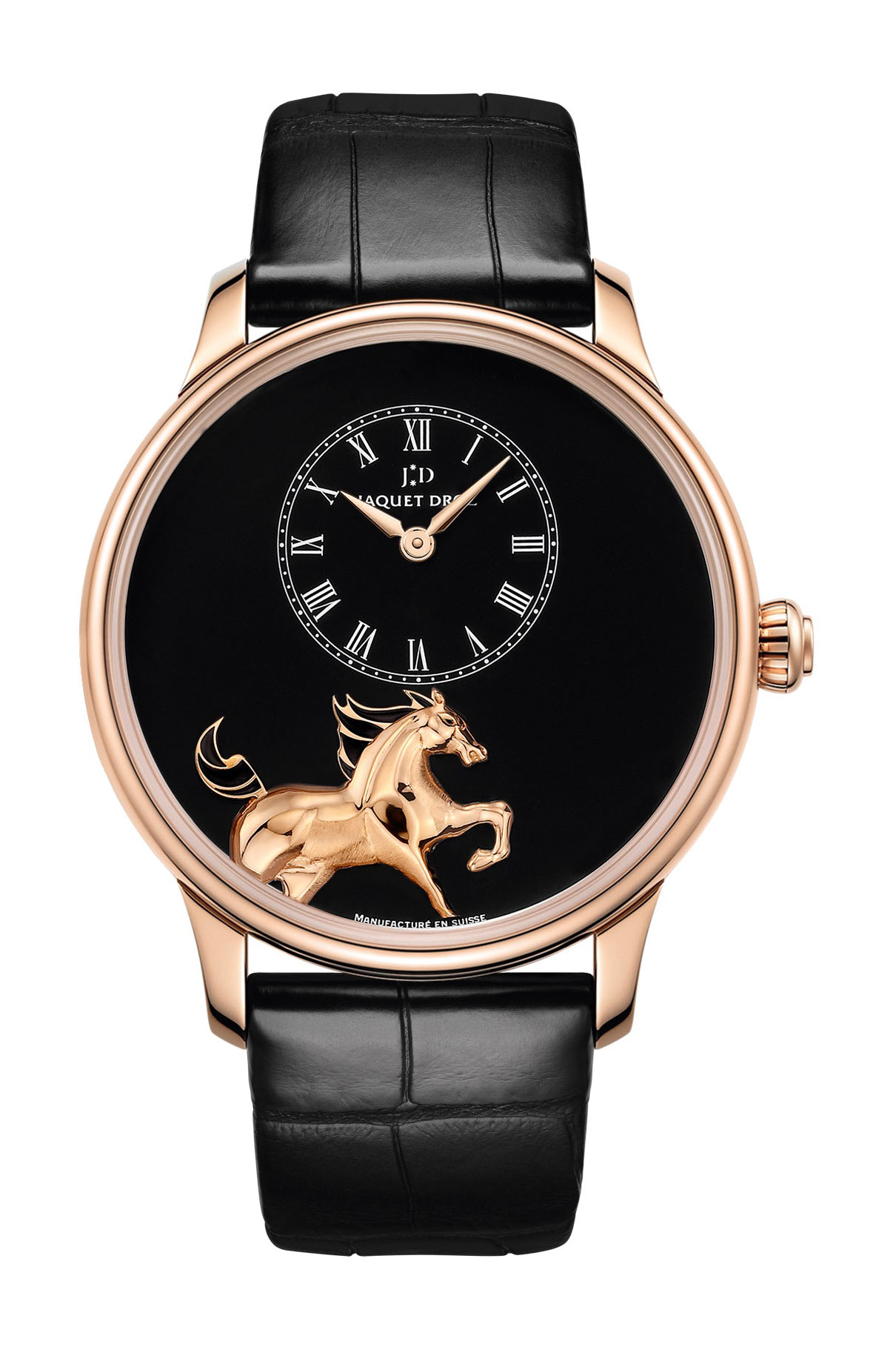 Jaquet Droz Petite Heure Minute Low Relief Horse luxury timepiece - detailed view