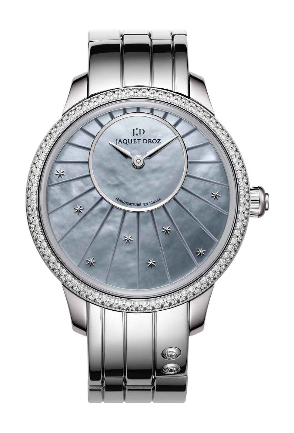 Jaquet Droz Petite Heure Minute Mother-of-pearl luxury timepiece - detailed view