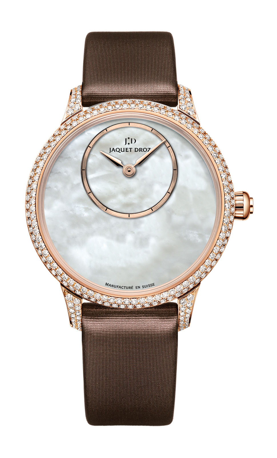 Jaquet Droz Petite Heure Minute Mother-of-pearl luxury timepiece - detailed view