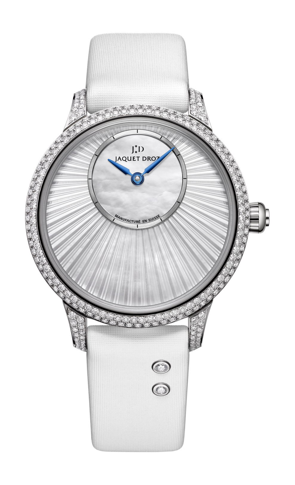 Jaquet Droz Petite Heure Minute Mother-of-pearl luxury timepiece - detailed view