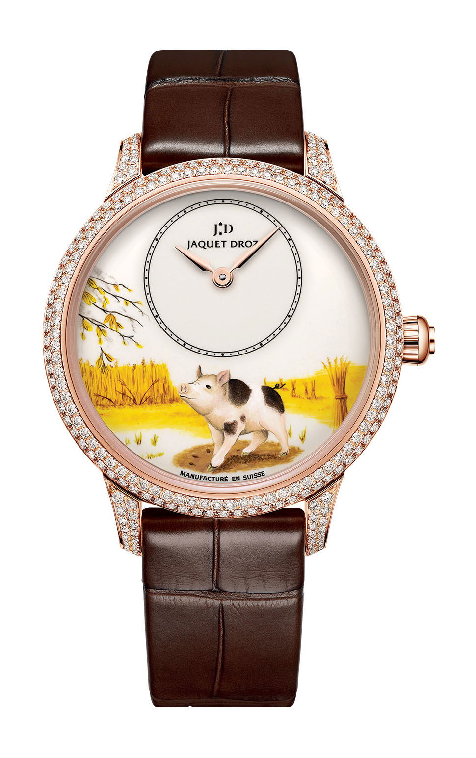 Jaquet Droz Petite Heure Minute Pig luxury timepiece - detailed view