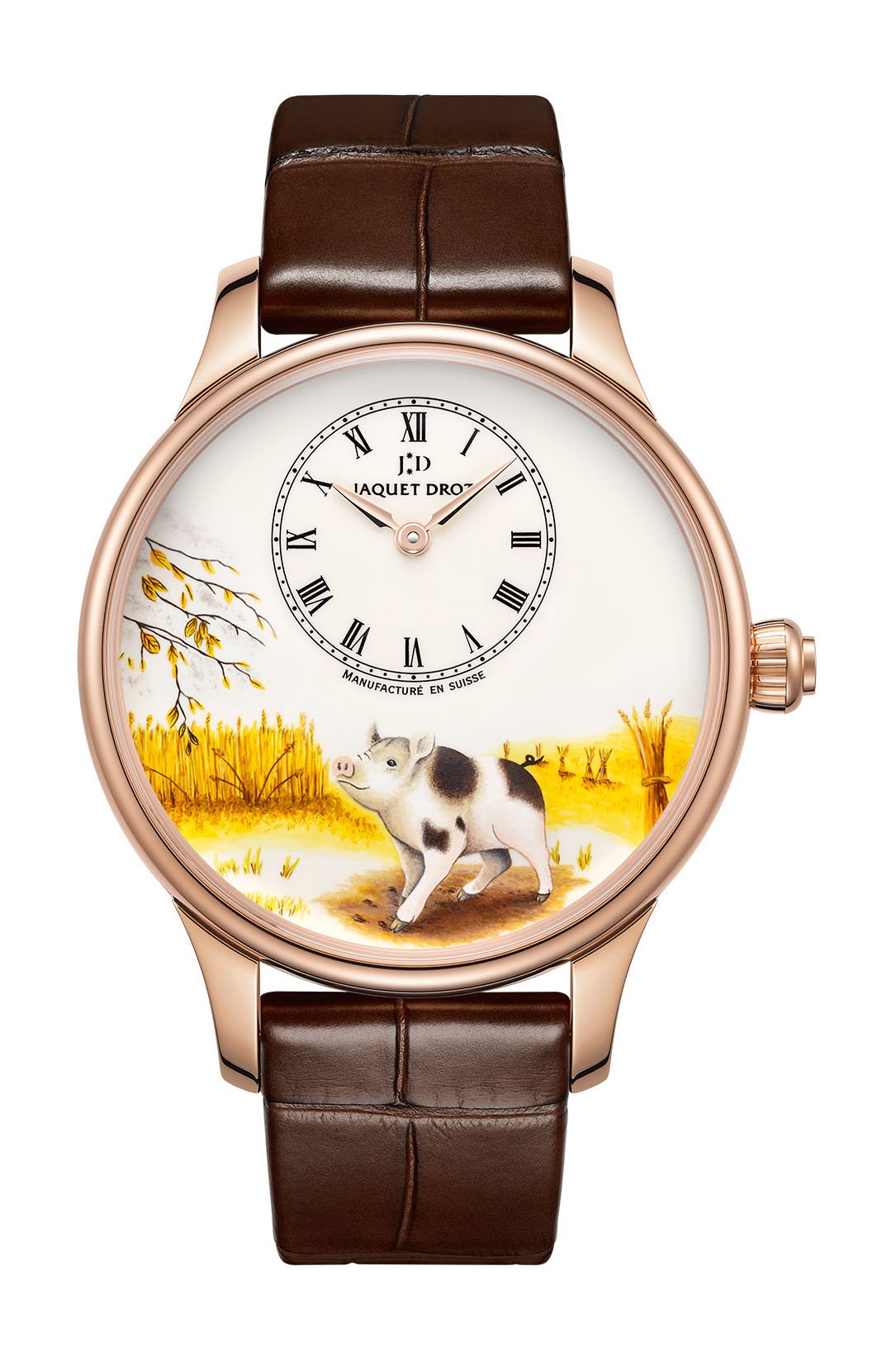 Jaquet Droz Petite Heure Minute Pig luxury timepiece - detailed view