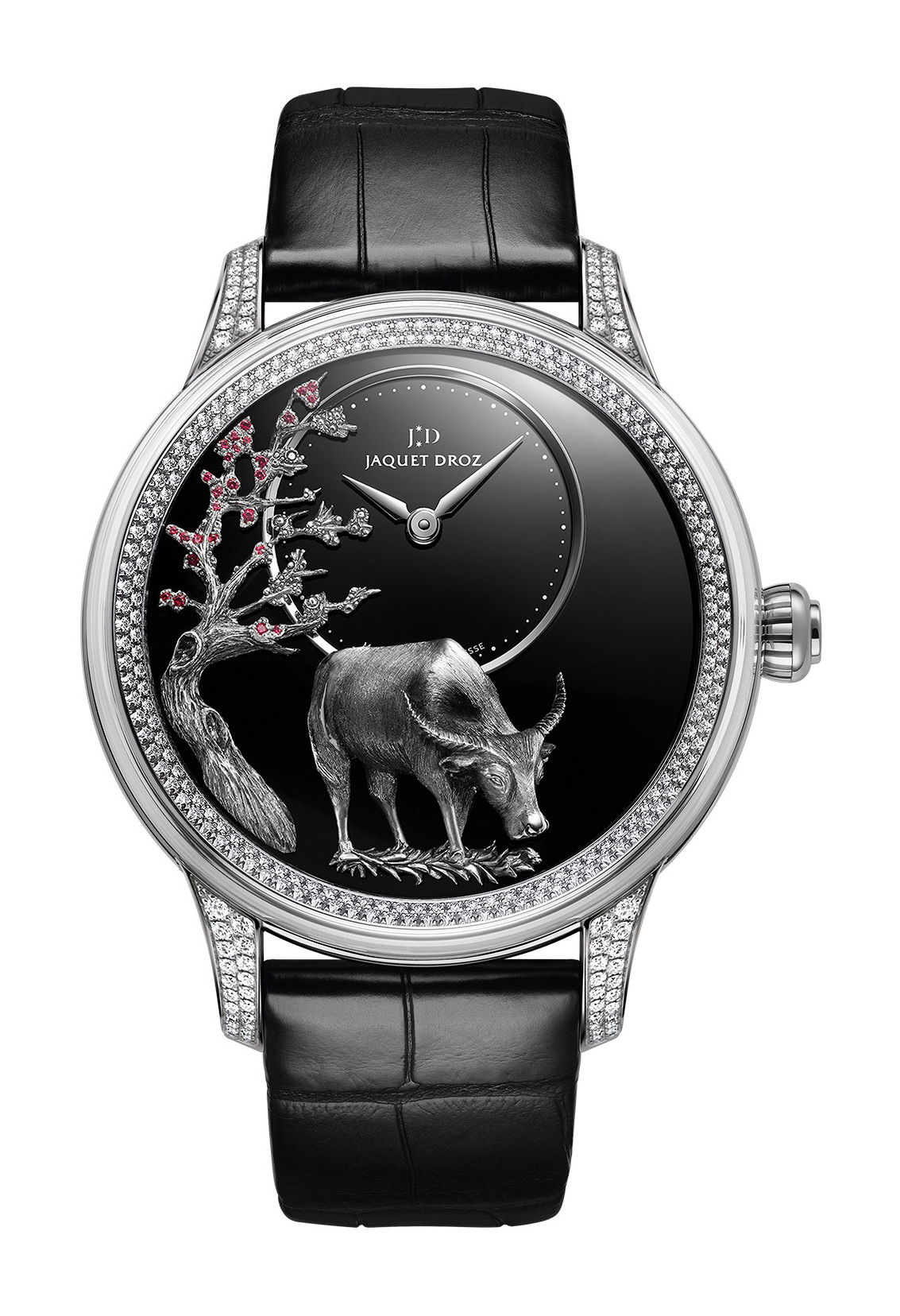 Jaquet Droz Petite Heure Minute Relief Buffalo luxury timepiece - detailed view