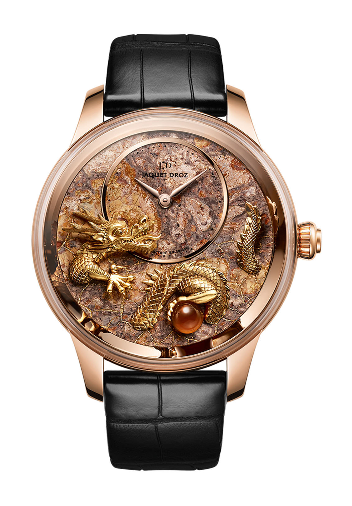 Jaquet Droz Petite Heure Minute Relief Dragon luxury timepiece - detailed view