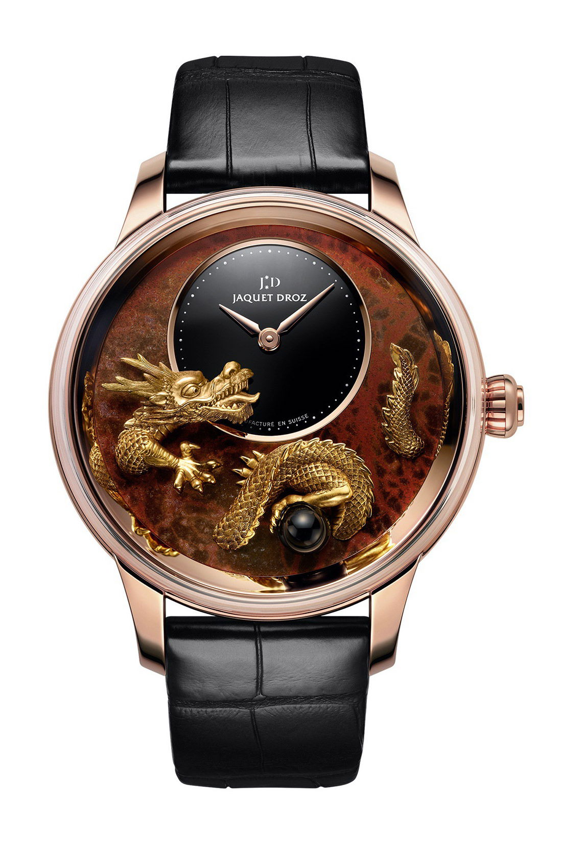 Jaquet Droz Petite Heure Minute Relief Dragon luxury timepiece - detailed view