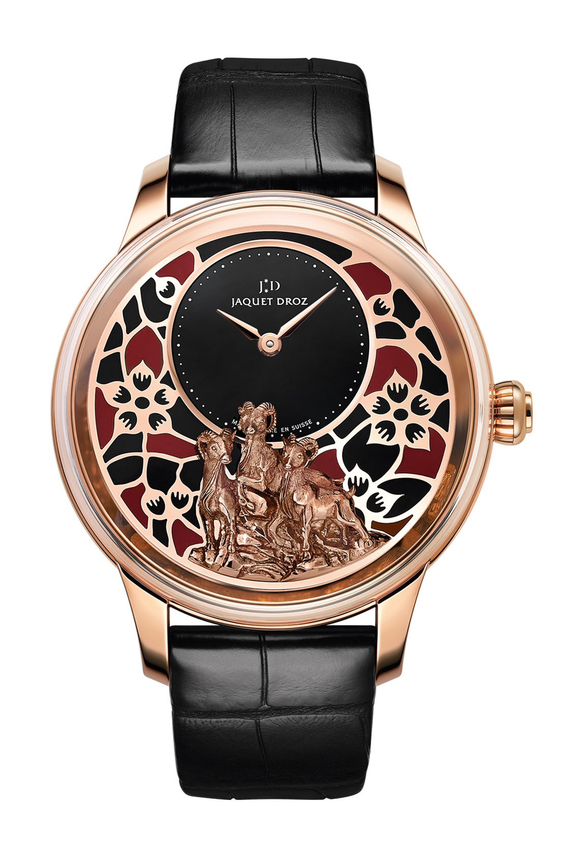 Jaquet Droz Petite Heure Minute Relief Goats luxury timepiece - detailed view
