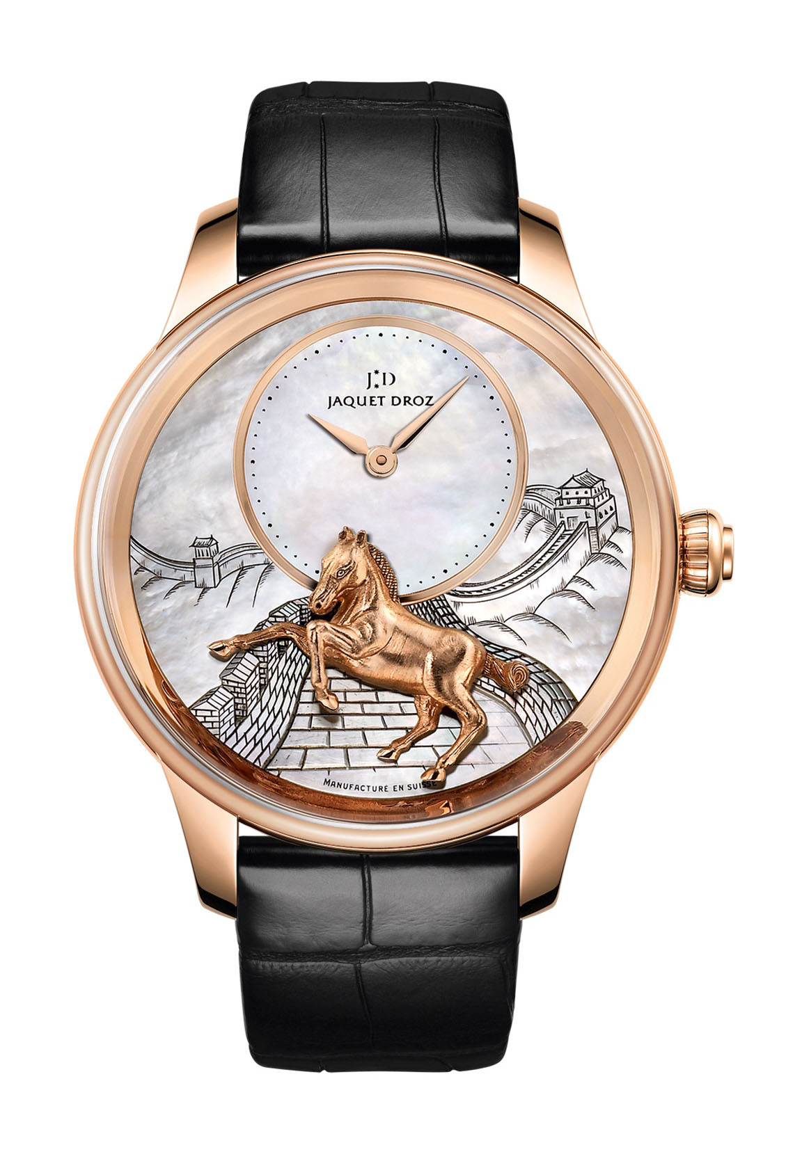 Jaquet Droz Petite Heure Minute Relief Horse luxury timepiece - detailed view