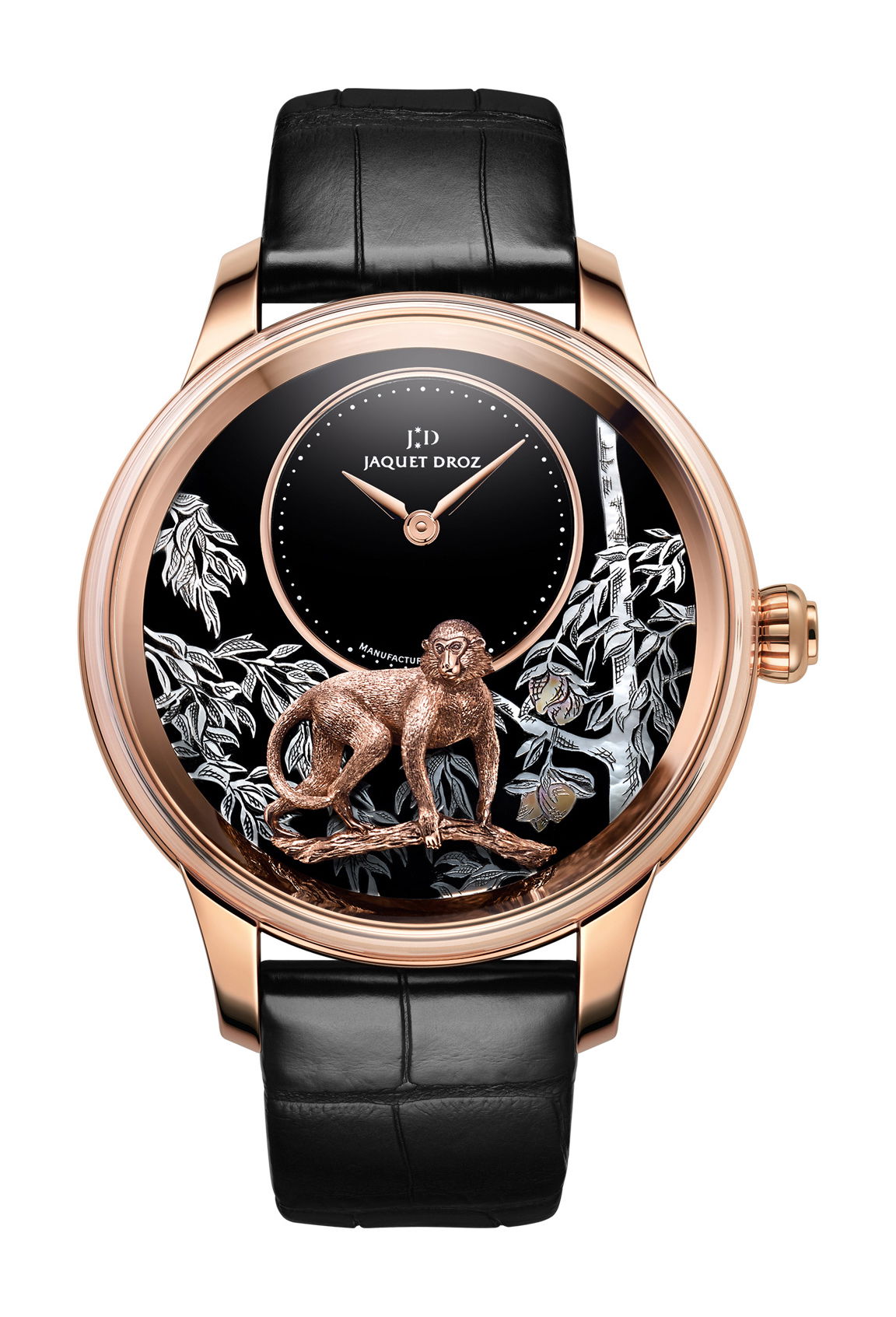 Jaquet Droz Petite Heure Minute Relief Monkey luxury timepiece - detailed view