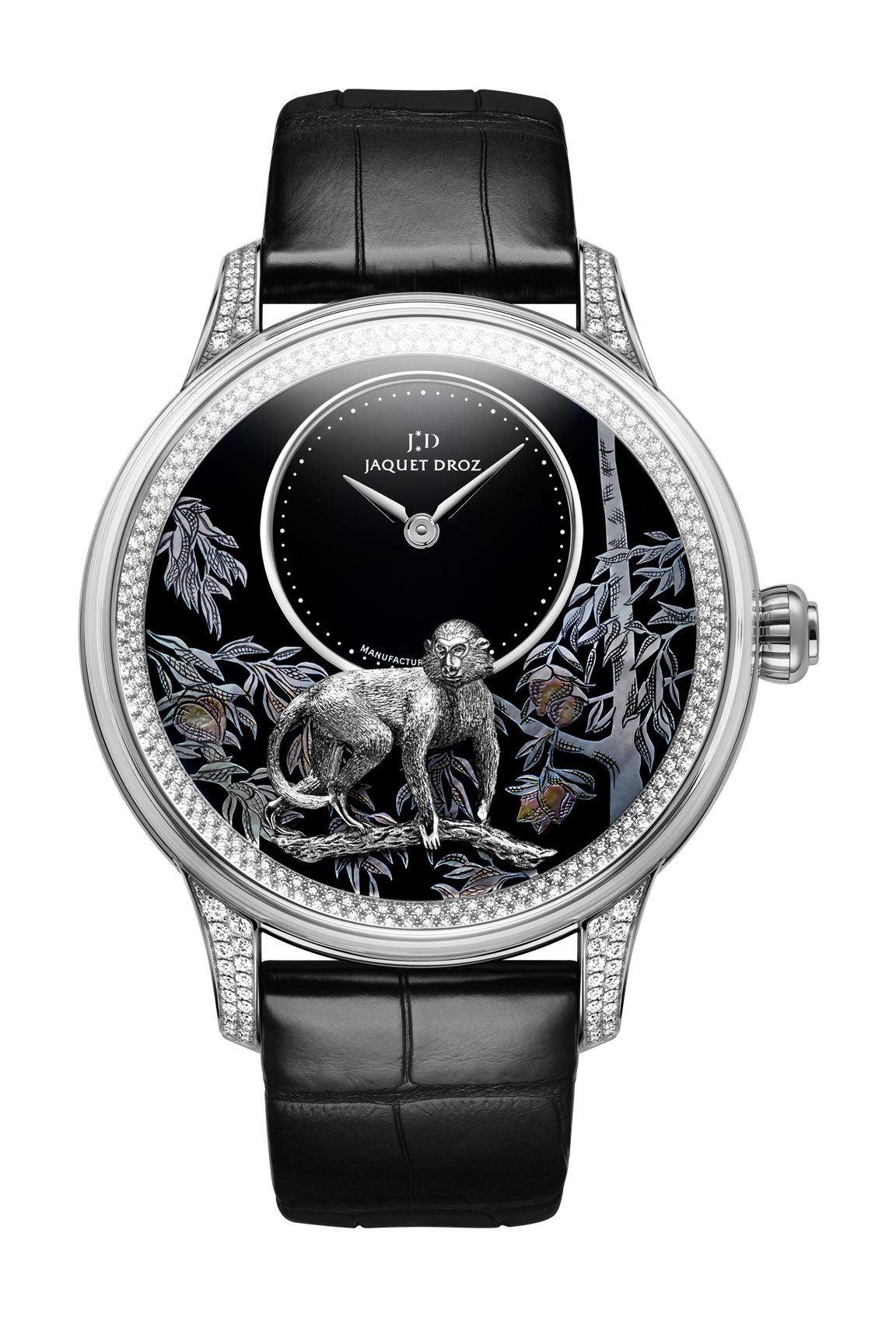 Jaquet Droz Petite Heure Minute Relief Monkey luxury timepiece - detailed view