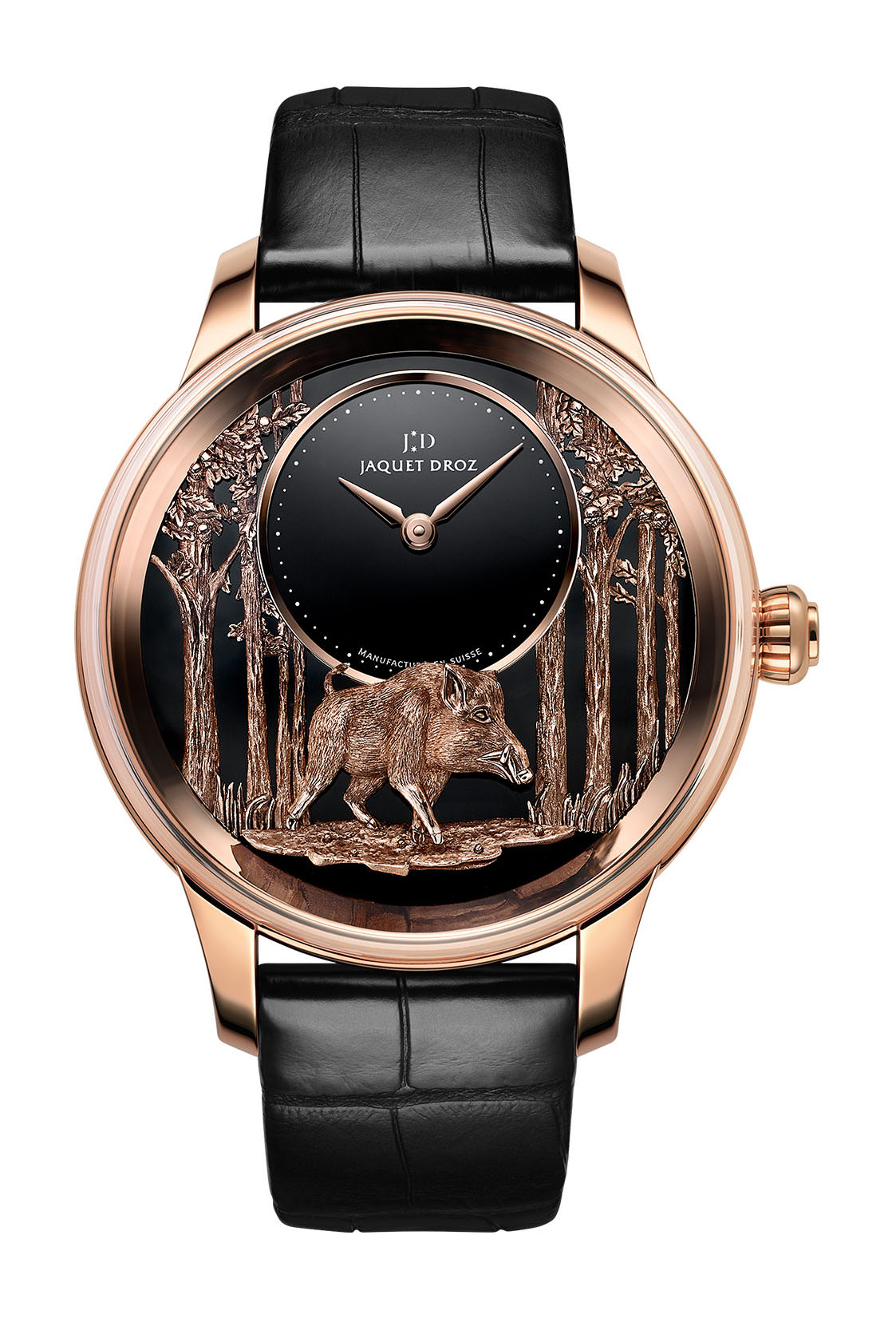 Jaquet Droz Petite Heure Minute Relief Pig luxury timepiece - detailed view