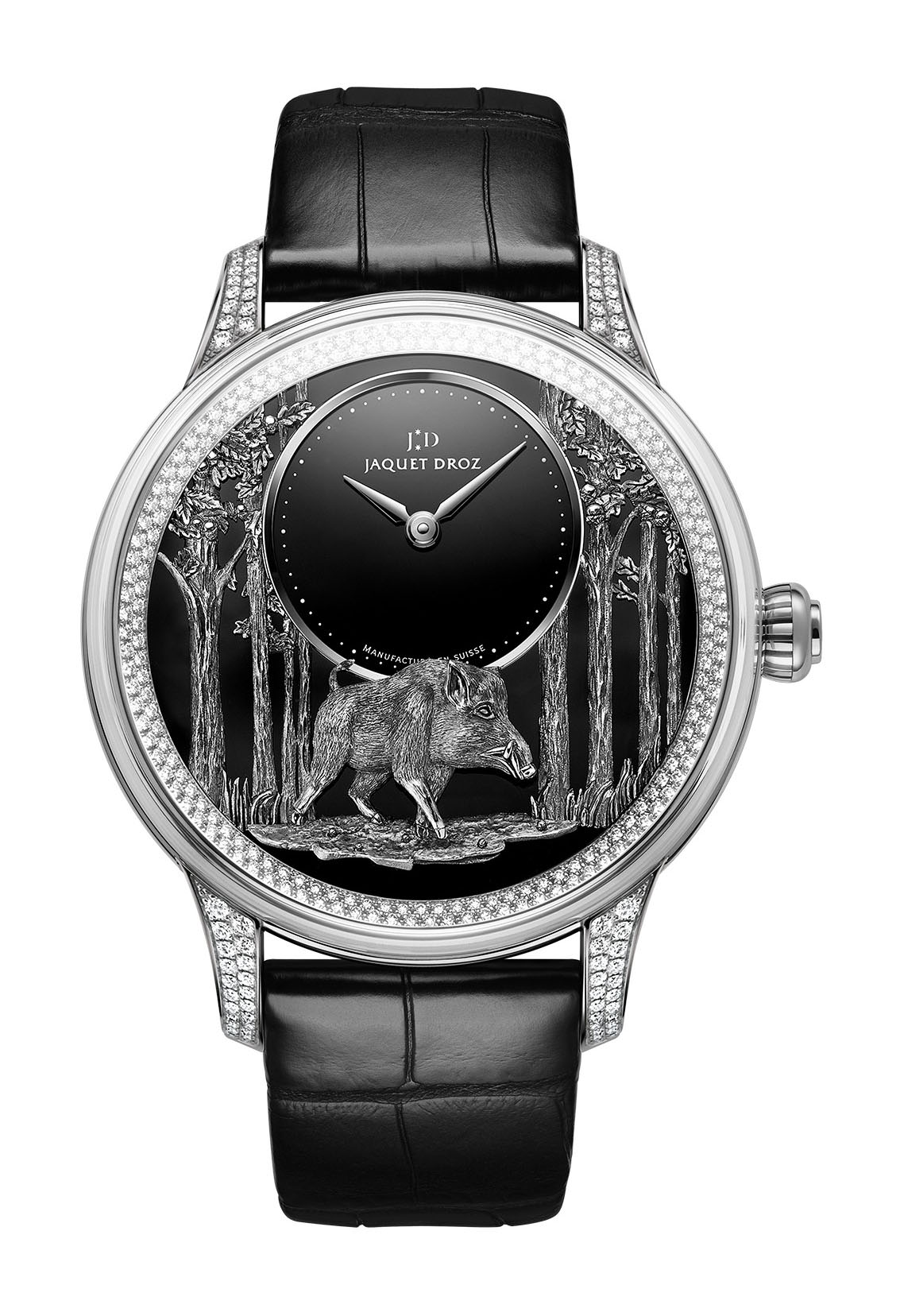 Jaquet Droz Petite Heure Minute Relief Pig luxury timepiece - detailed view