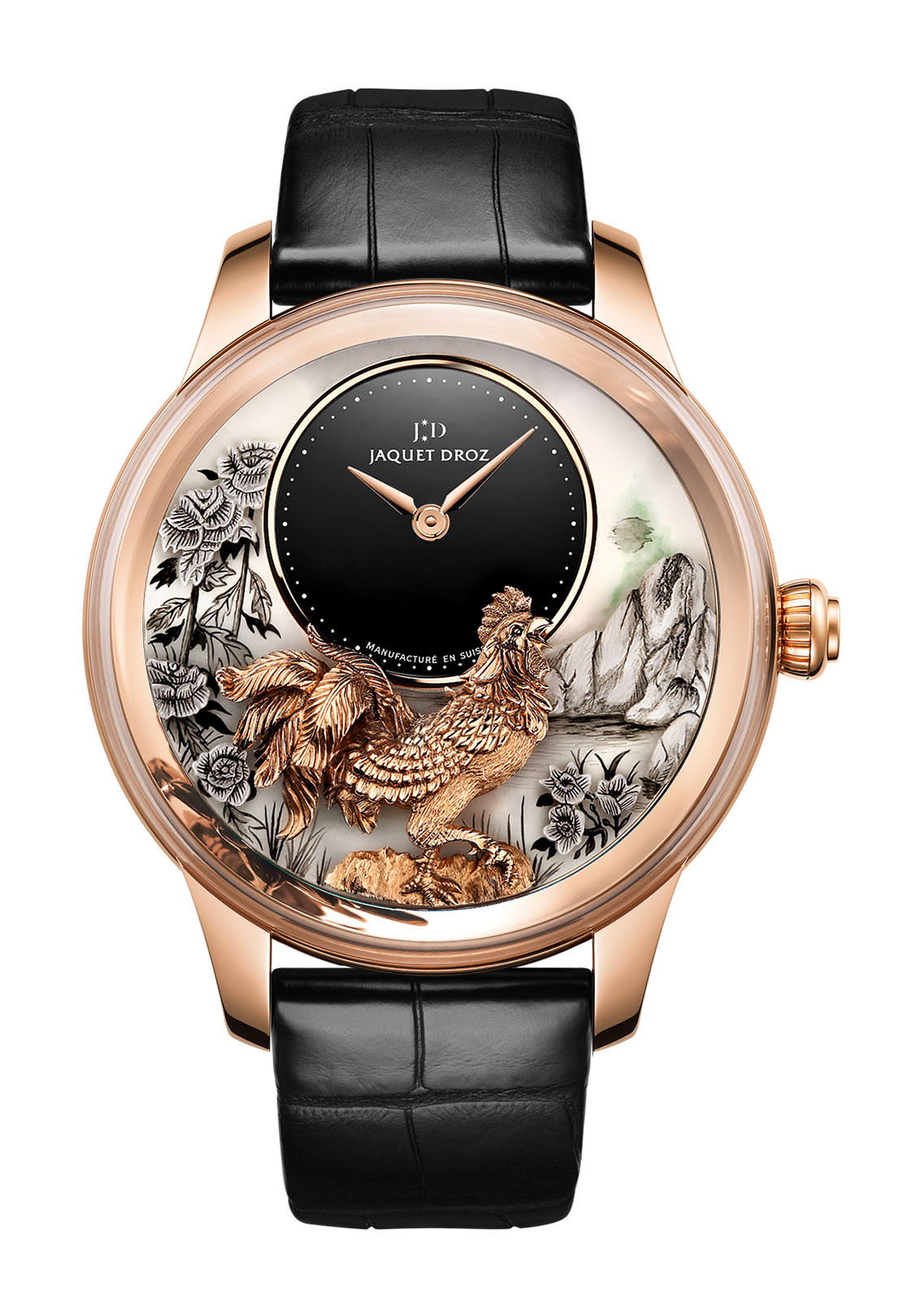 Jaquet Droz Petite Heure Minute Relief Rooster luxury timepiece - detailed view