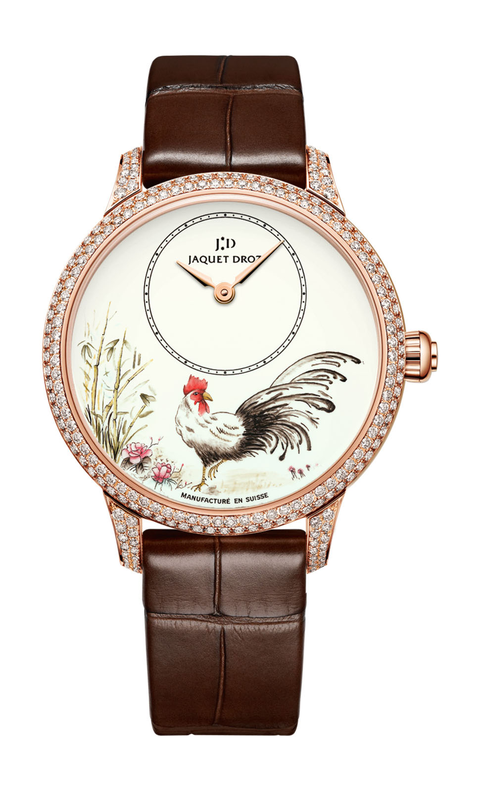 Jaquet Droz Petite Heure Minute Rooster luxury timepiece - detailed view