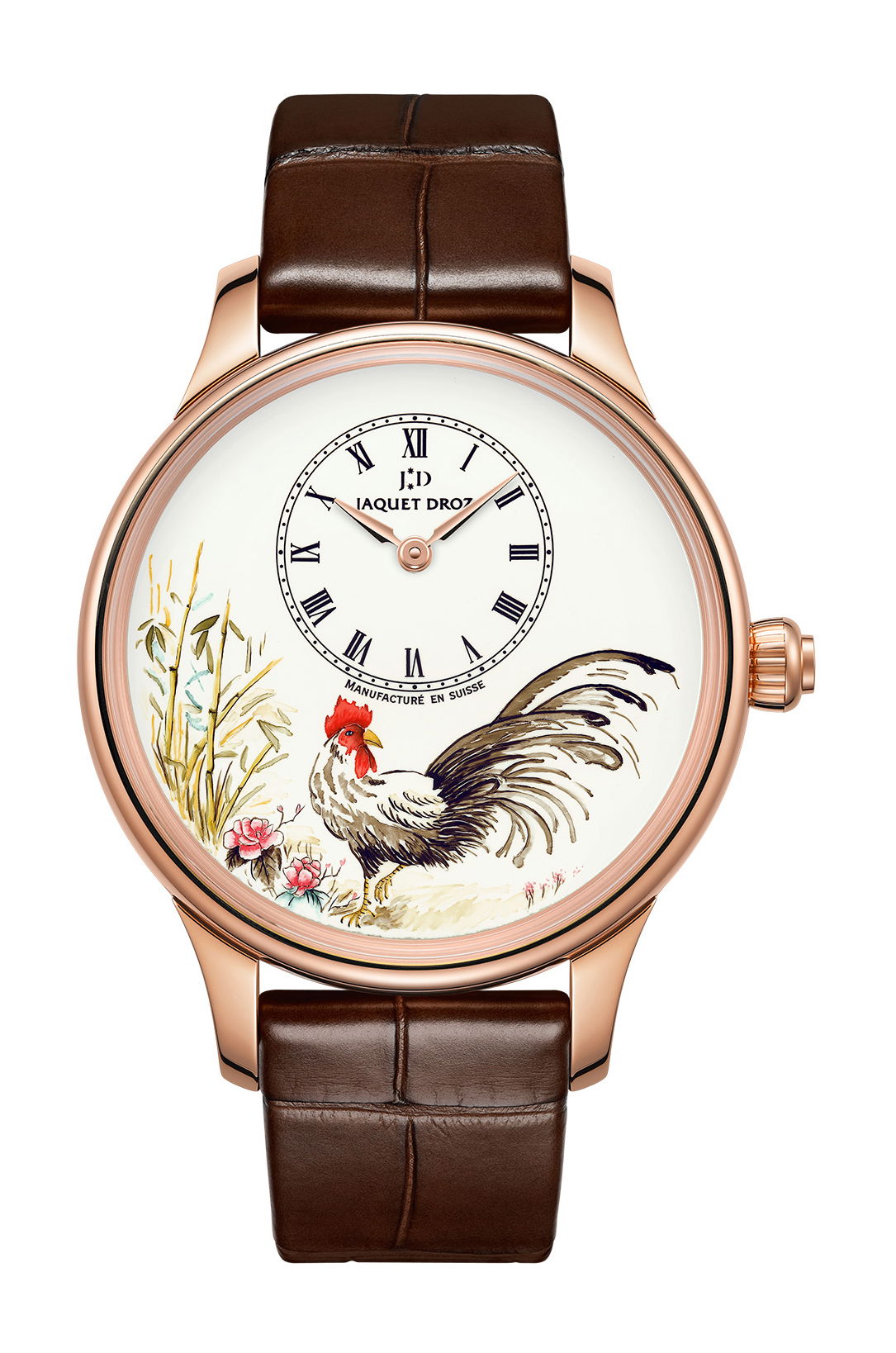 Jaquet Droz Petite Heure Minute Rooster luxury timepiece - detailed view