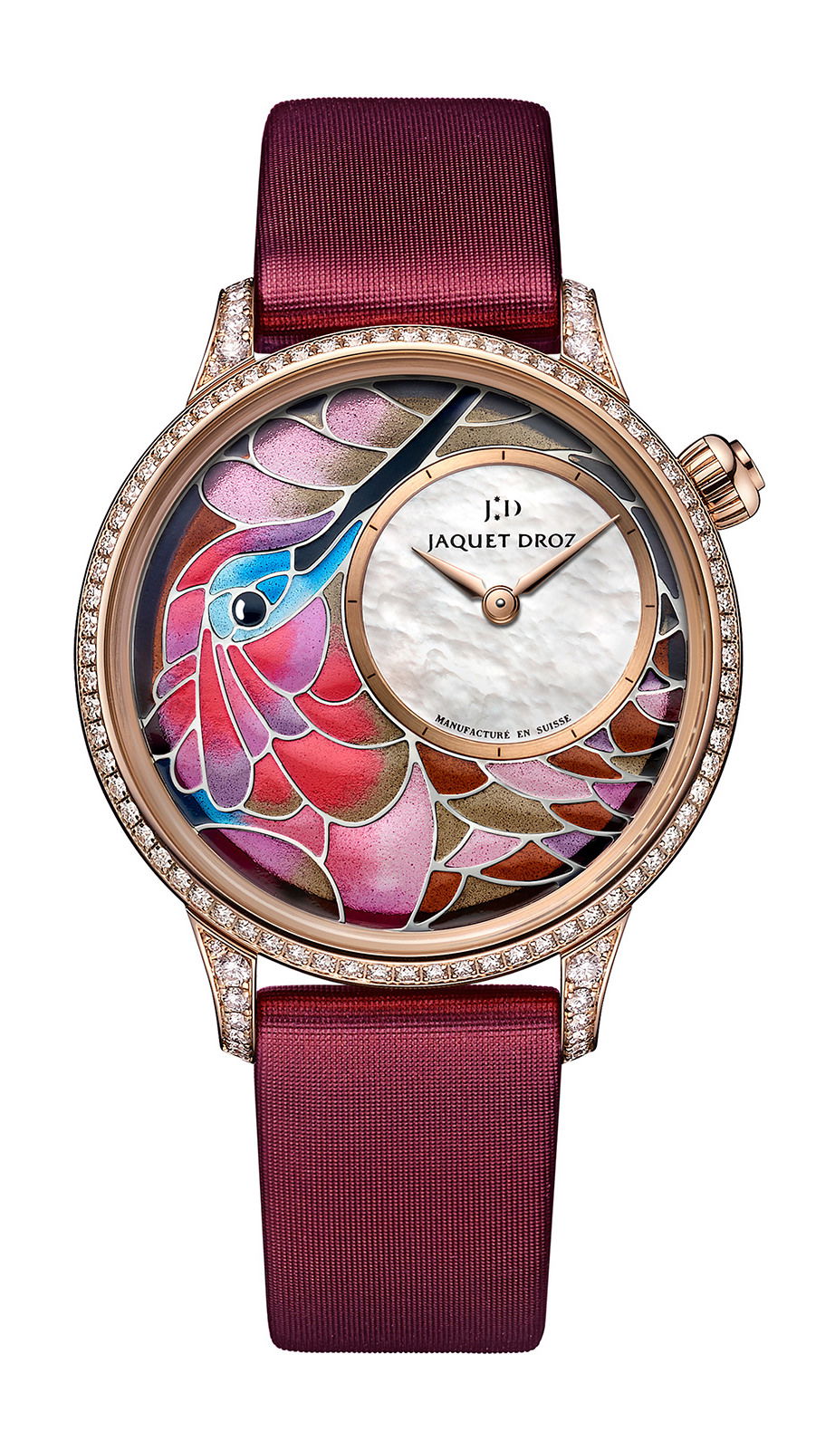 Jaquet Droz Petite Heure Minute Smalta Clara Humming Bird luxury timepiece - detailed view