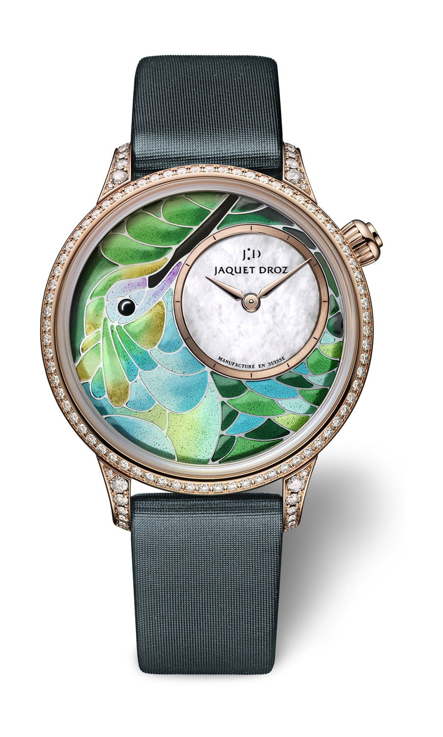 Jaquet Droz Petite Heure Minute Smalta Clara Humming Bird luxury timepiece - detailed view