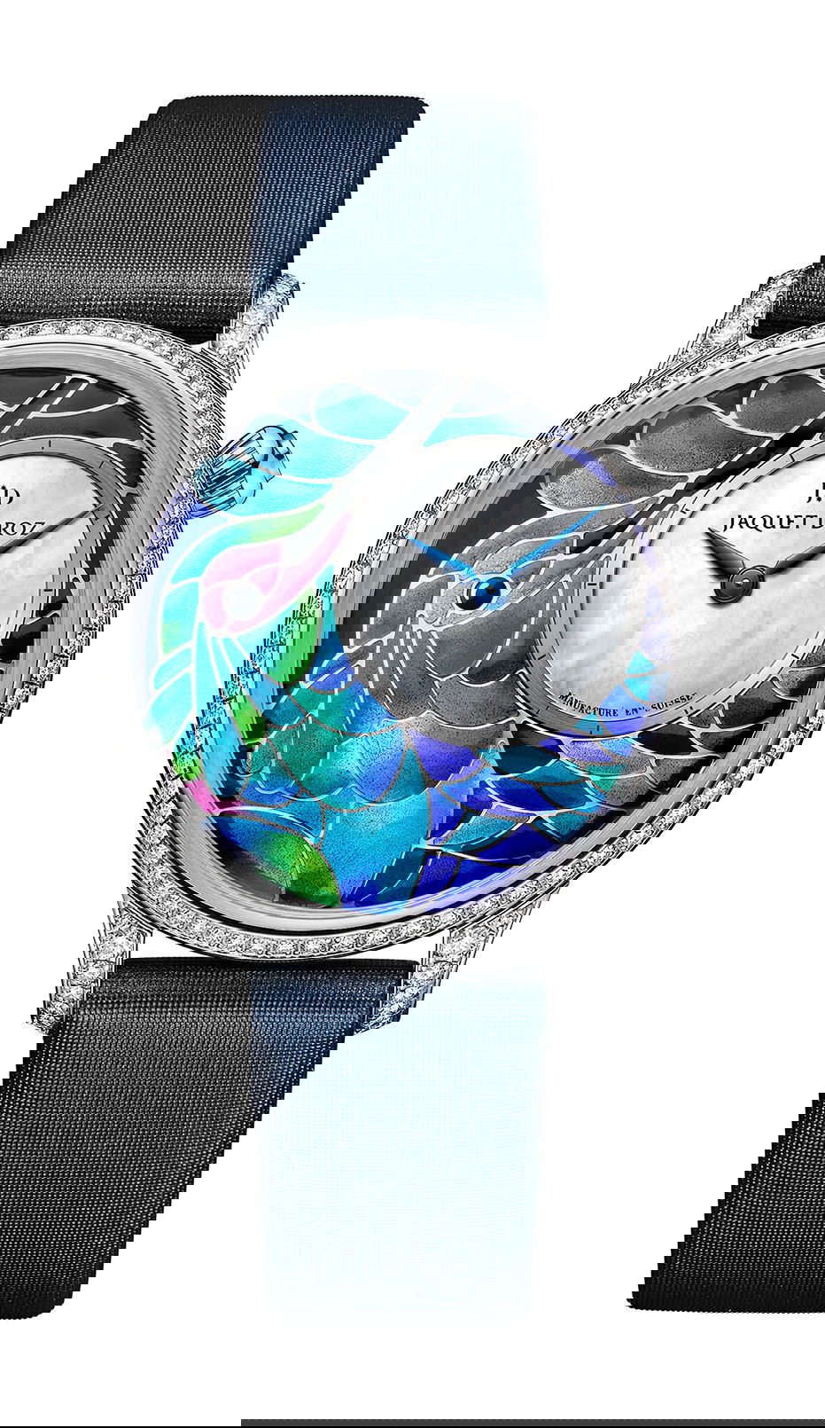 Jaquet Droz Petite Heure Minute Smalta Clara Humming Bird luxury timepiece - detailed view
