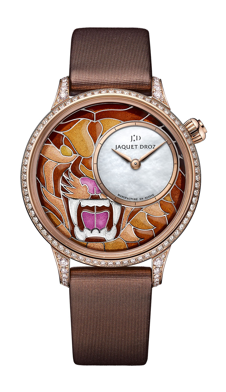 Jaquet Droz Petite Heure Minute Smalta Clara Tiger luxury timepiece - detailed view