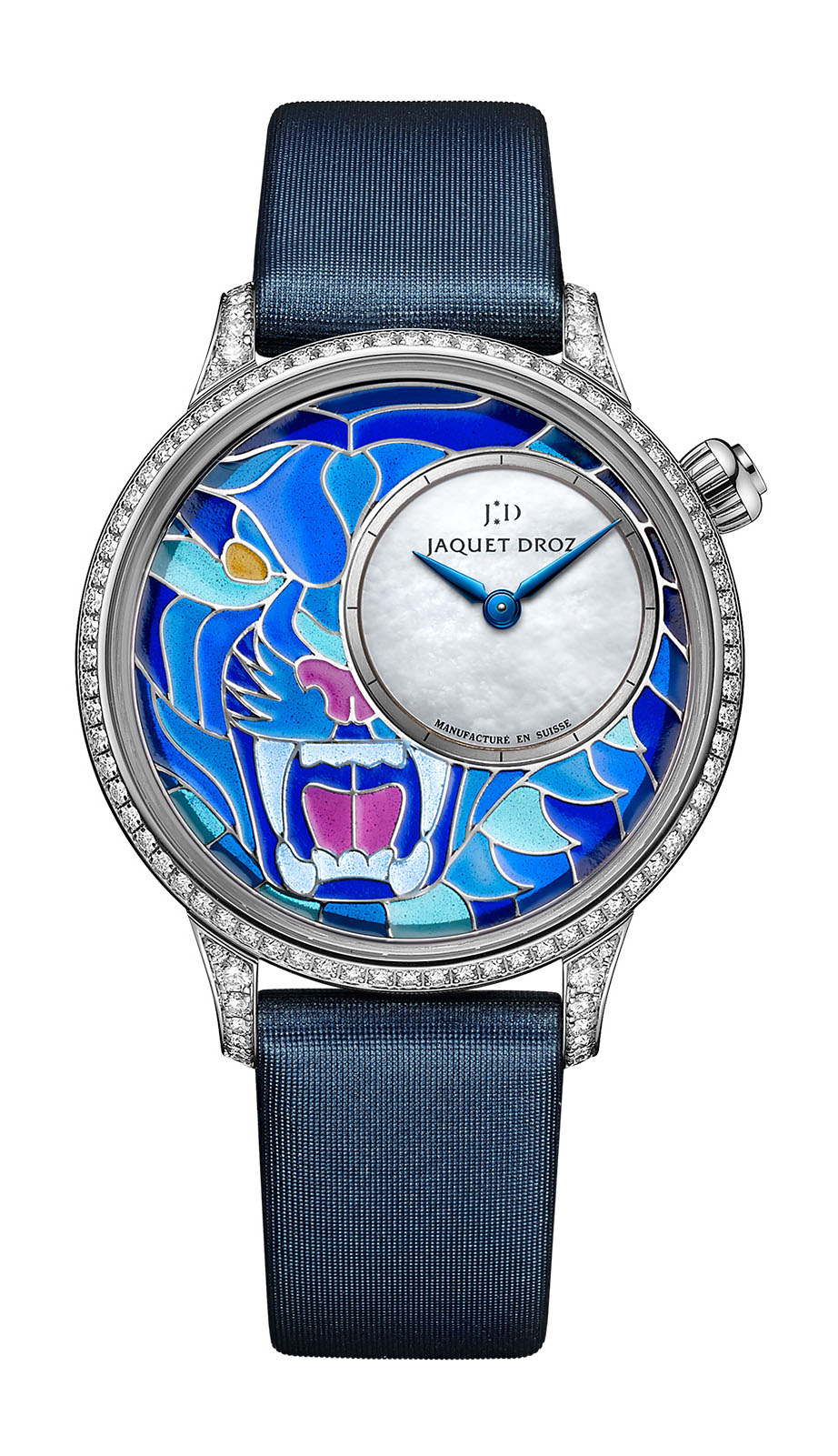 Jaquet Droz Petite Heure Minute Smalta Clara Tiger luxury timepiece - detailed view