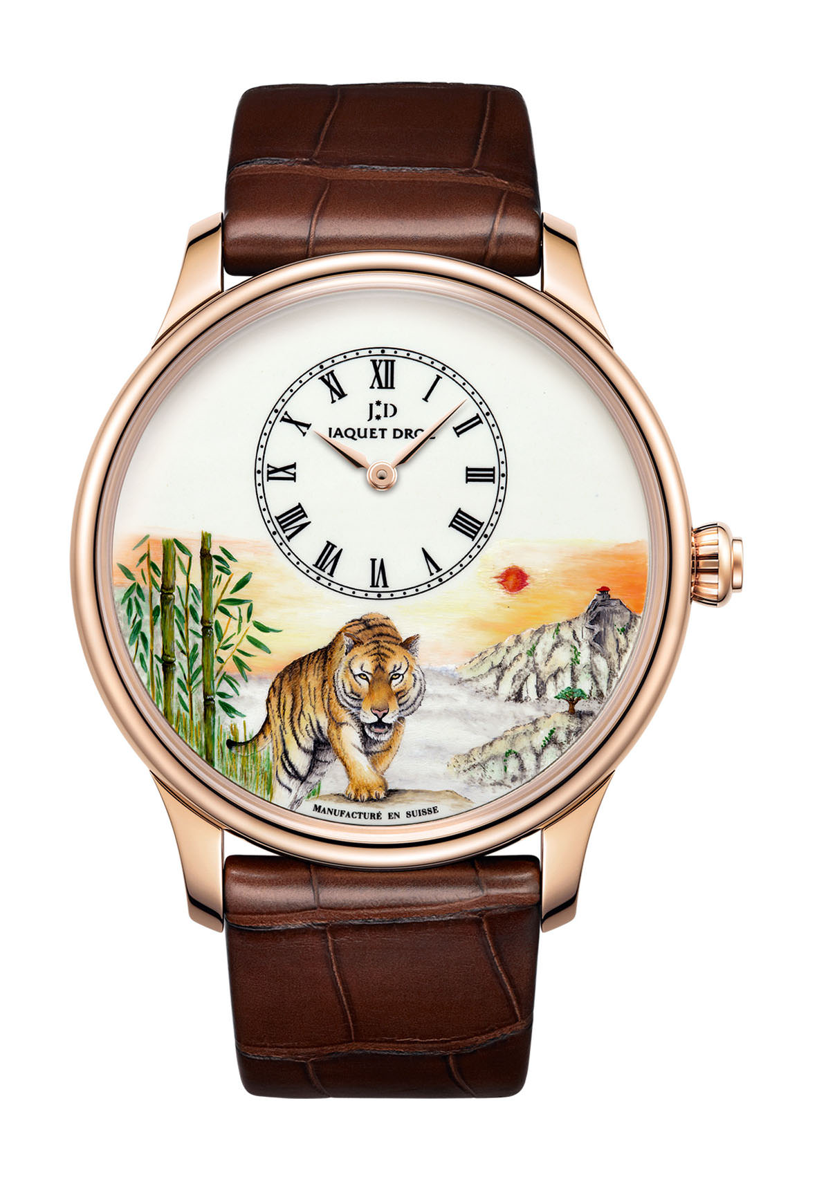 Jaquet Droz Petite Heure Minute Tiger luxury timepiece - detailed view