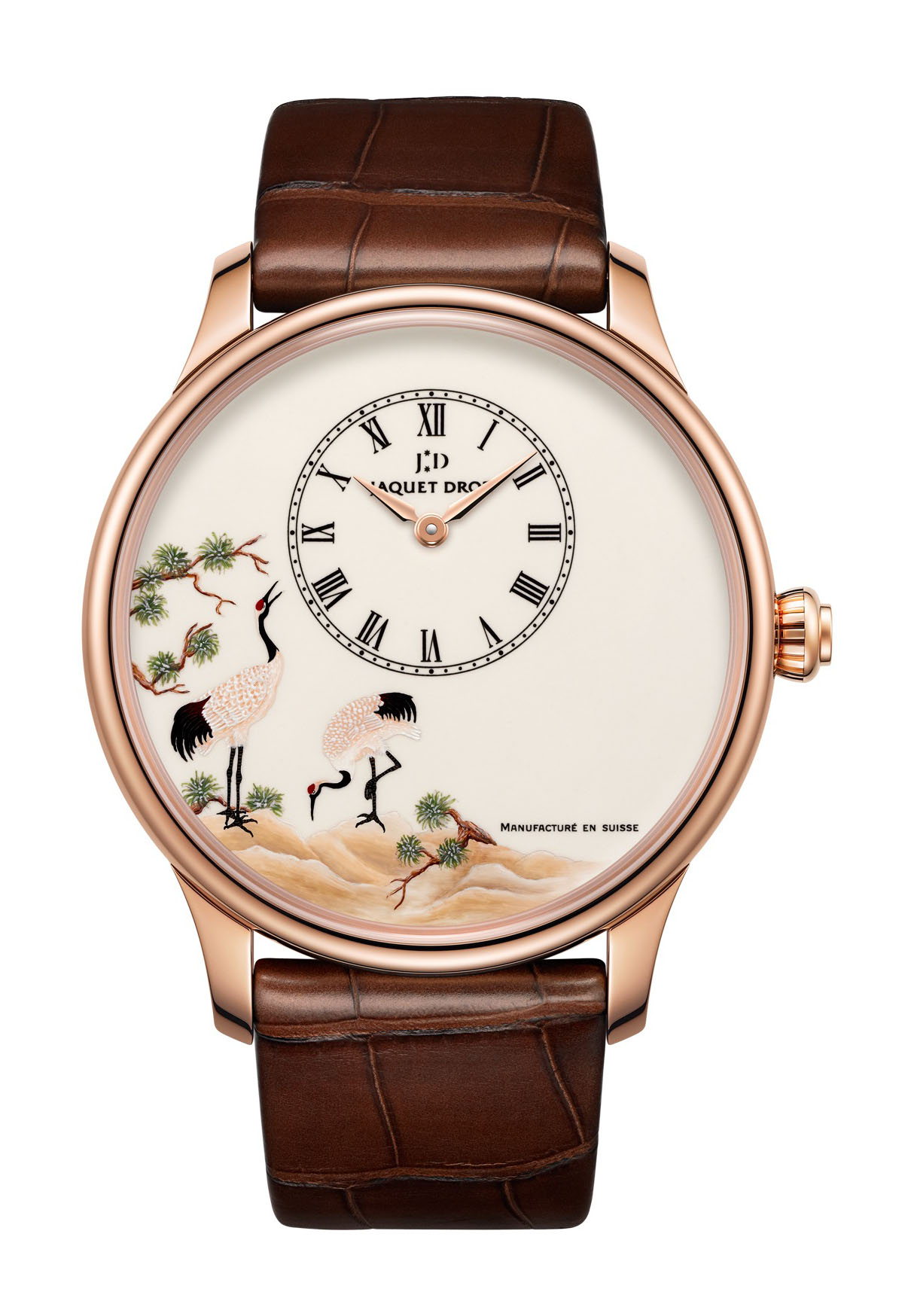 Jaquet Droz Petite Heure Minute White Crane luxury timepiece - detailed view