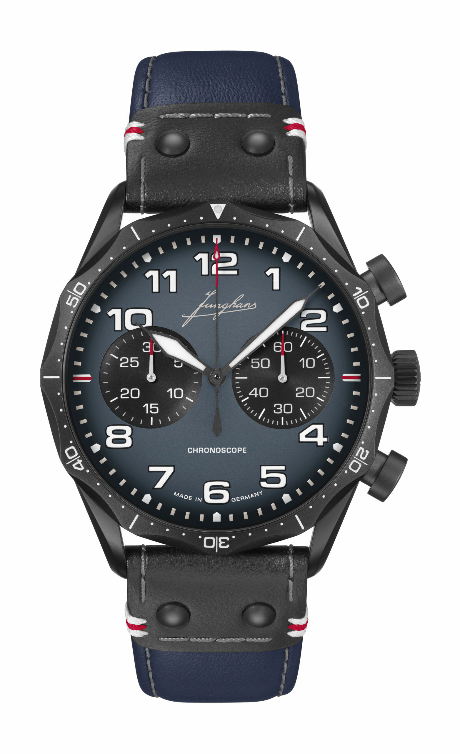 Junghans Meister Pilot Chronoscope Navy Blue luxury timepiece - detailed view