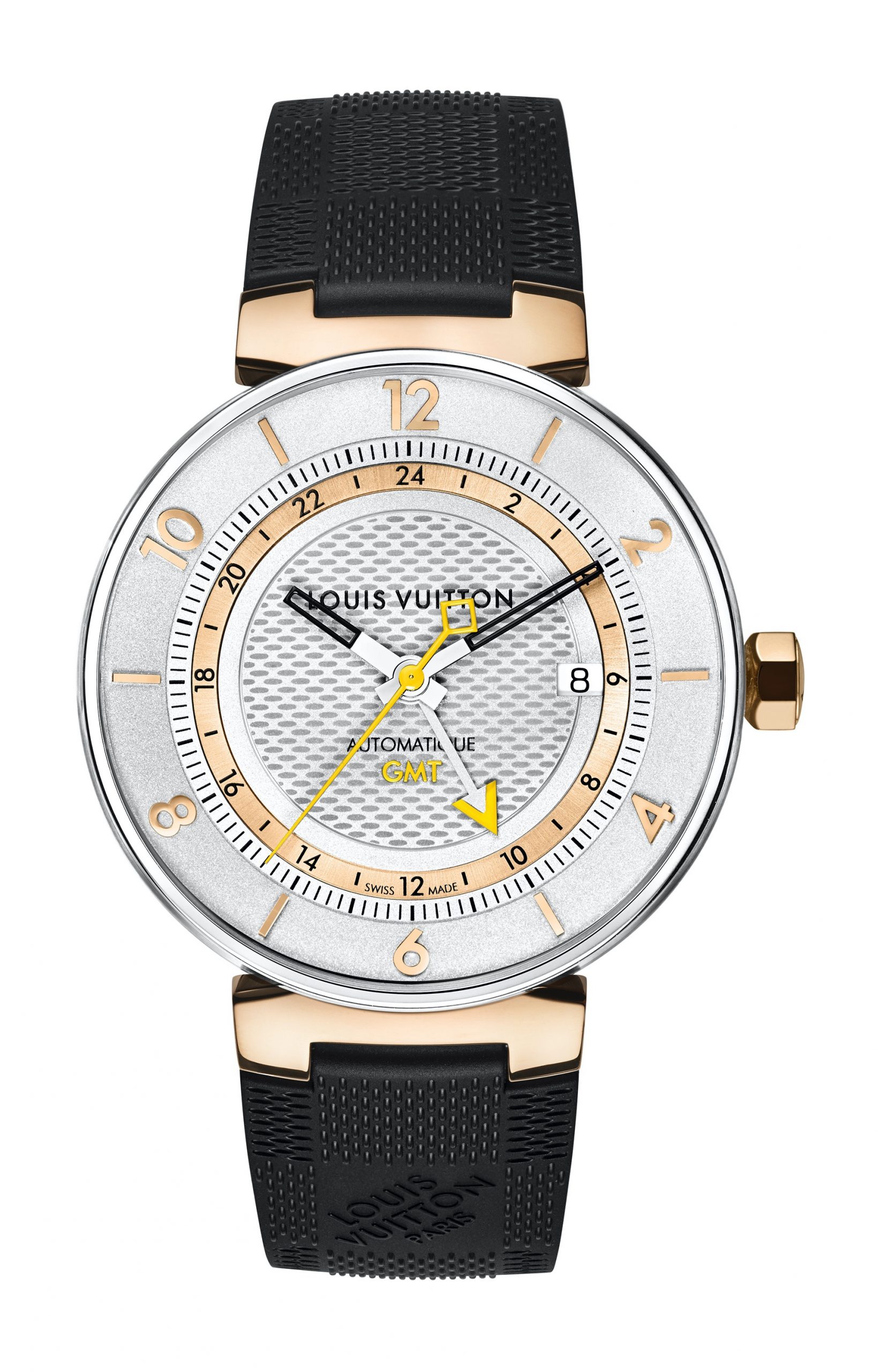 Louis Vuitton Tambour Moon GMT Silver, Acier et Or Rose luxury timepiece - detailed view