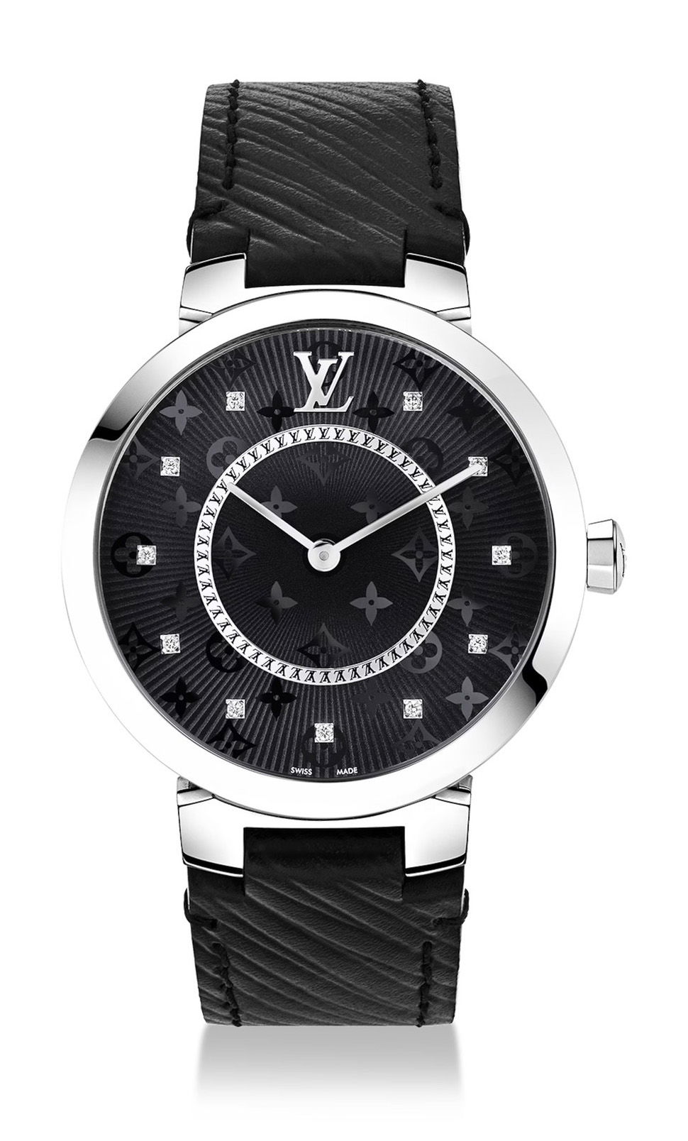 Louis Vuitton Tambour Slim Monogram luxury timepiece - detailed view