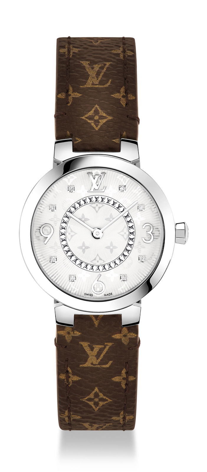 Louis Vuitton Tambour Slim Monogram luxury timepiece - detailed view
