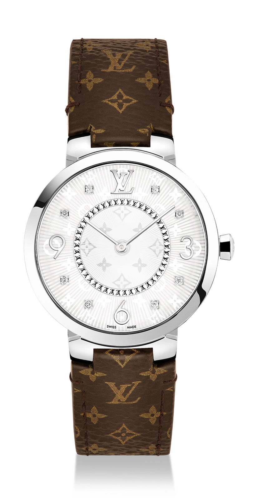 Louis Vuitton Tambour Slim Monogram luxury timepiece - detailed view