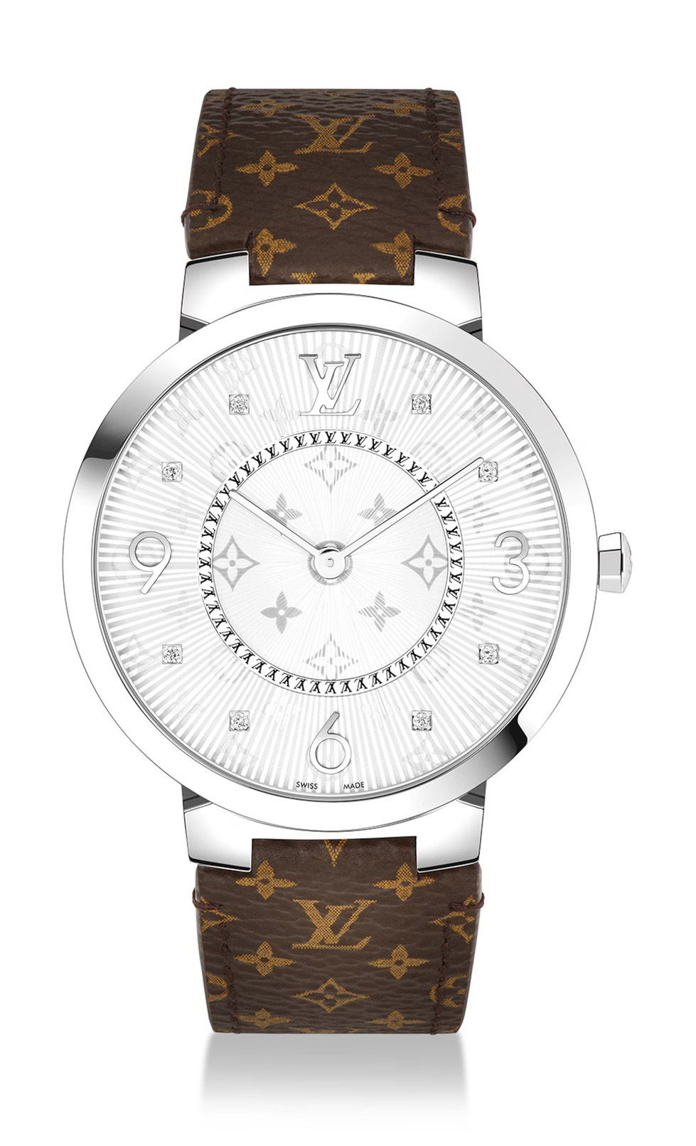 Louis Vuitton Tambour Slim Monogram luxury timepiece - detailed view