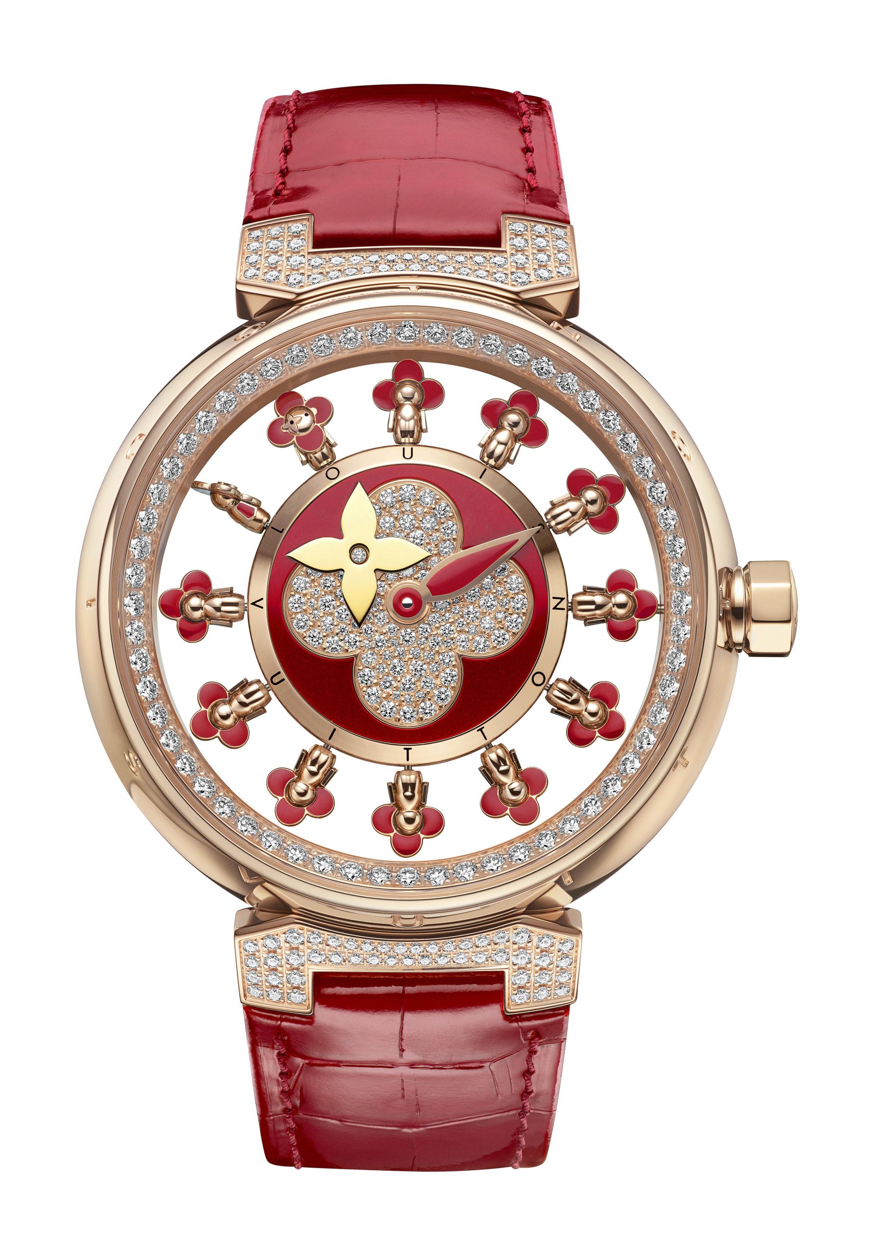 Louis Vuitton Tambour Spin Time Air Vivienne, Red luxury timepiece - detailed view