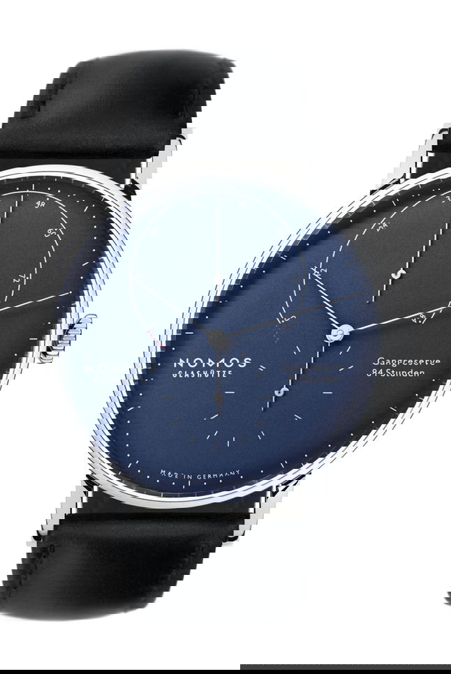 Nomos Glashütte Lambda white gold deep blue luxury timepiece - detailed view