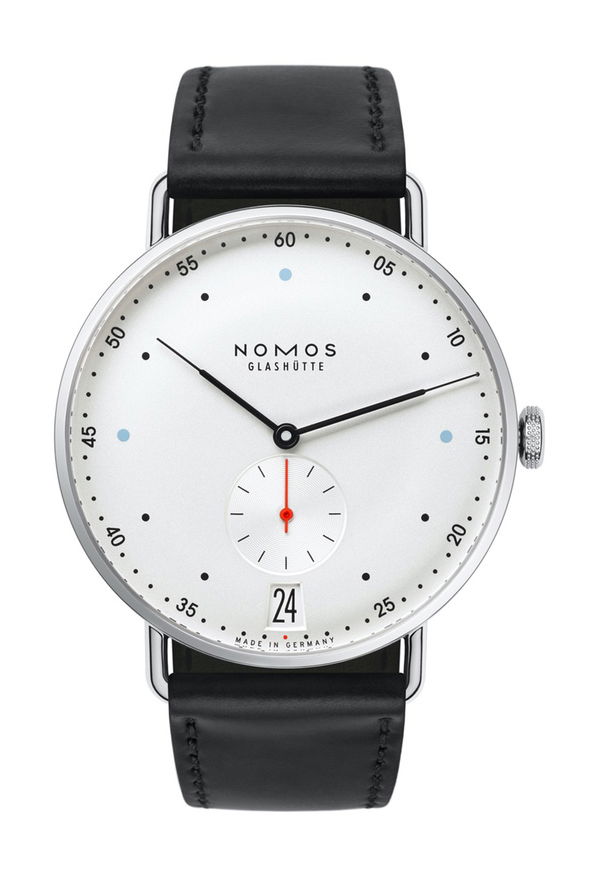 Nomos Glashütte Metro 38 date luxury timepiece - detailed view