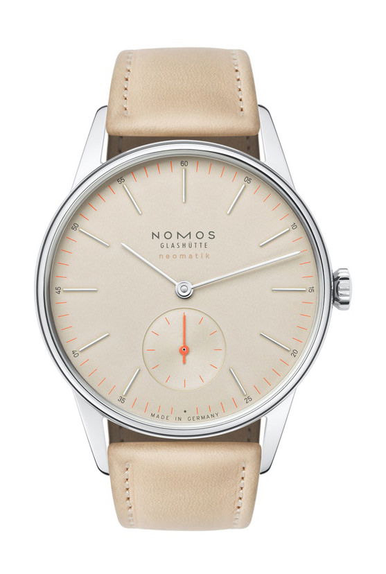 Nomos Glashütte Orion neomatik champagne luxury timepiece - detailed view