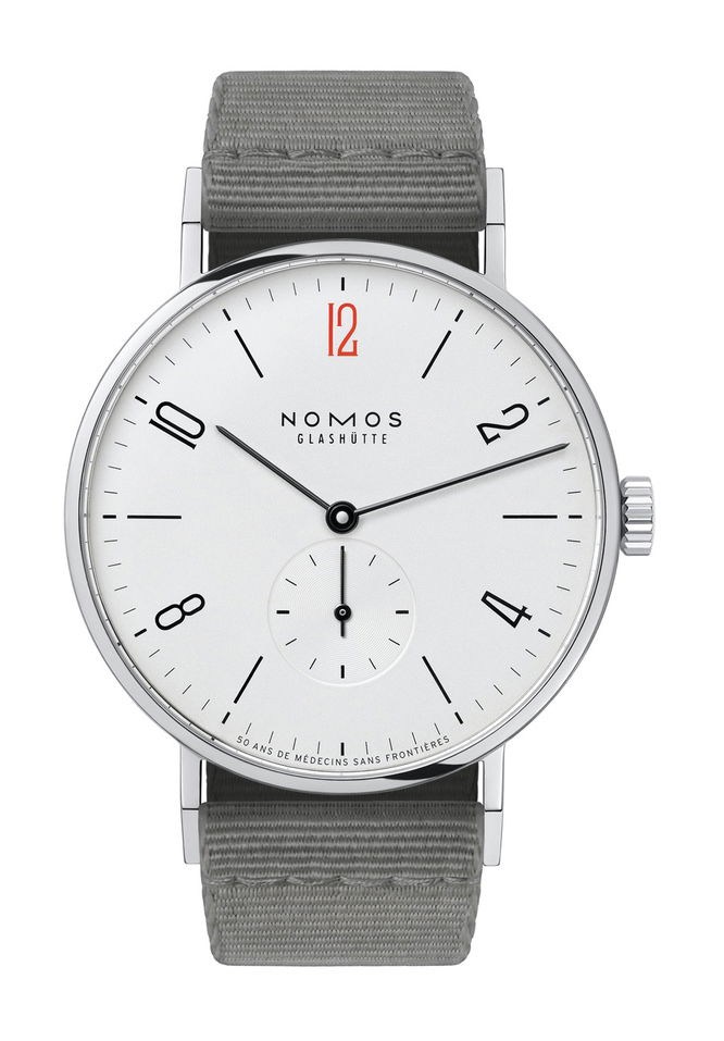 Nomos Glashütte Tangente 38 – 50th Anniversary of Doctors Without Borders luxury timepiece - detailed view