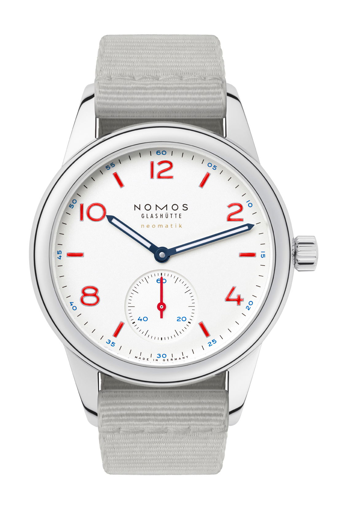 Nomos Glashütte Club neomatik siren white luxury timepiece - detailed view