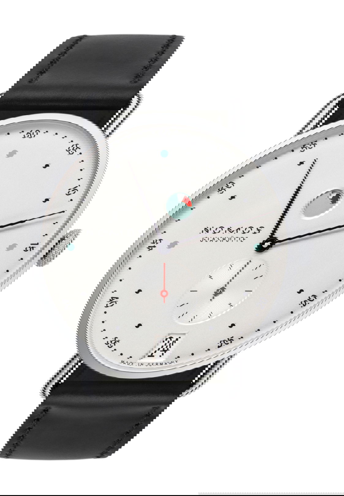Nomos Glashütte Metro date power reserve luxury timepiece - detailed view