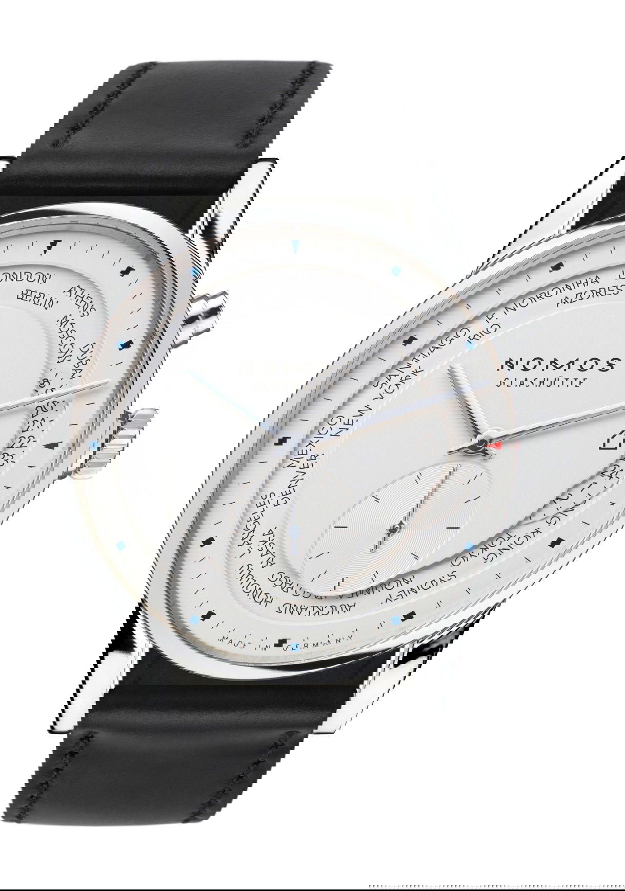 Nomos Glashütte Zürich world time luxury timepiece - detailed view