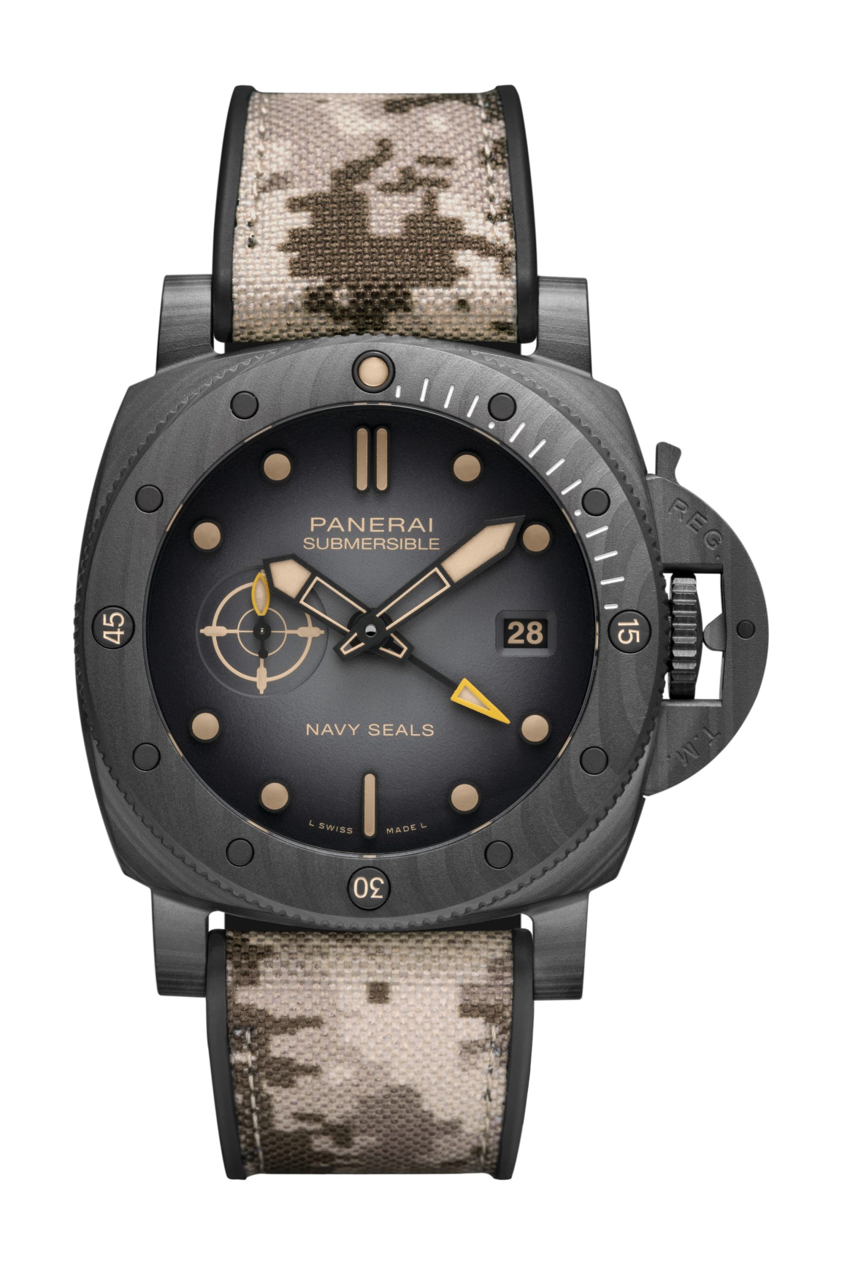 Panerai Submersible QuarantaQuattro GMT Navy SEALs Carbotech luxury timepiece - detailed view