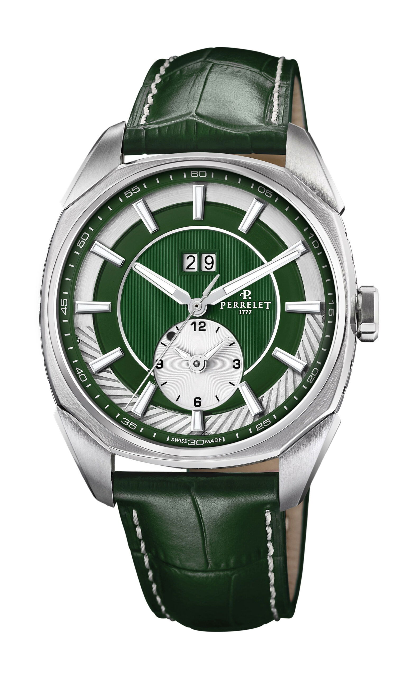 Perrelet LAB Peripheral Dual Time Big Date Green luxury timepiece - detailed view