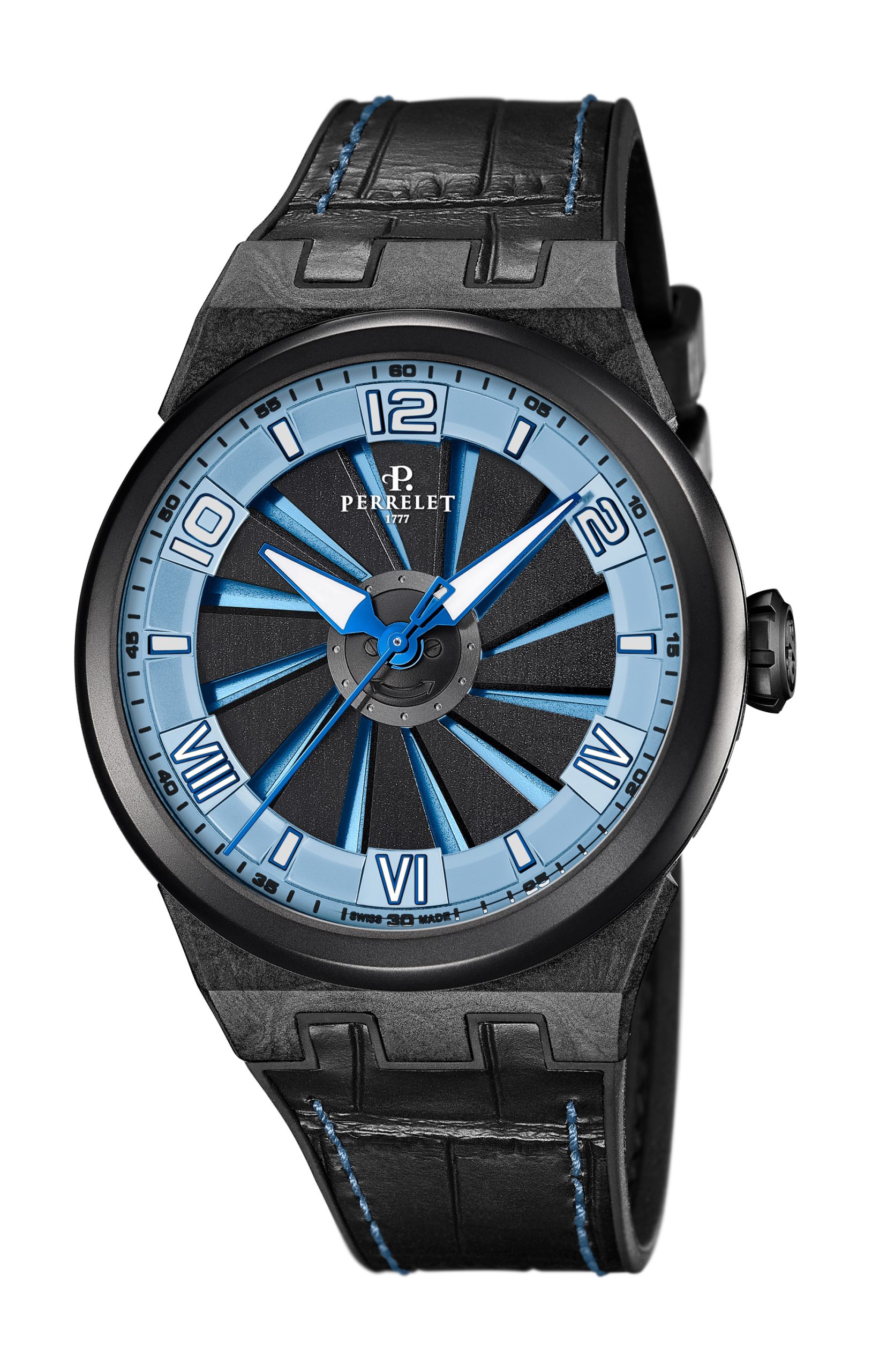 Perrelet Turbine Carbon Ice Blue luxury timepiece - detailed view