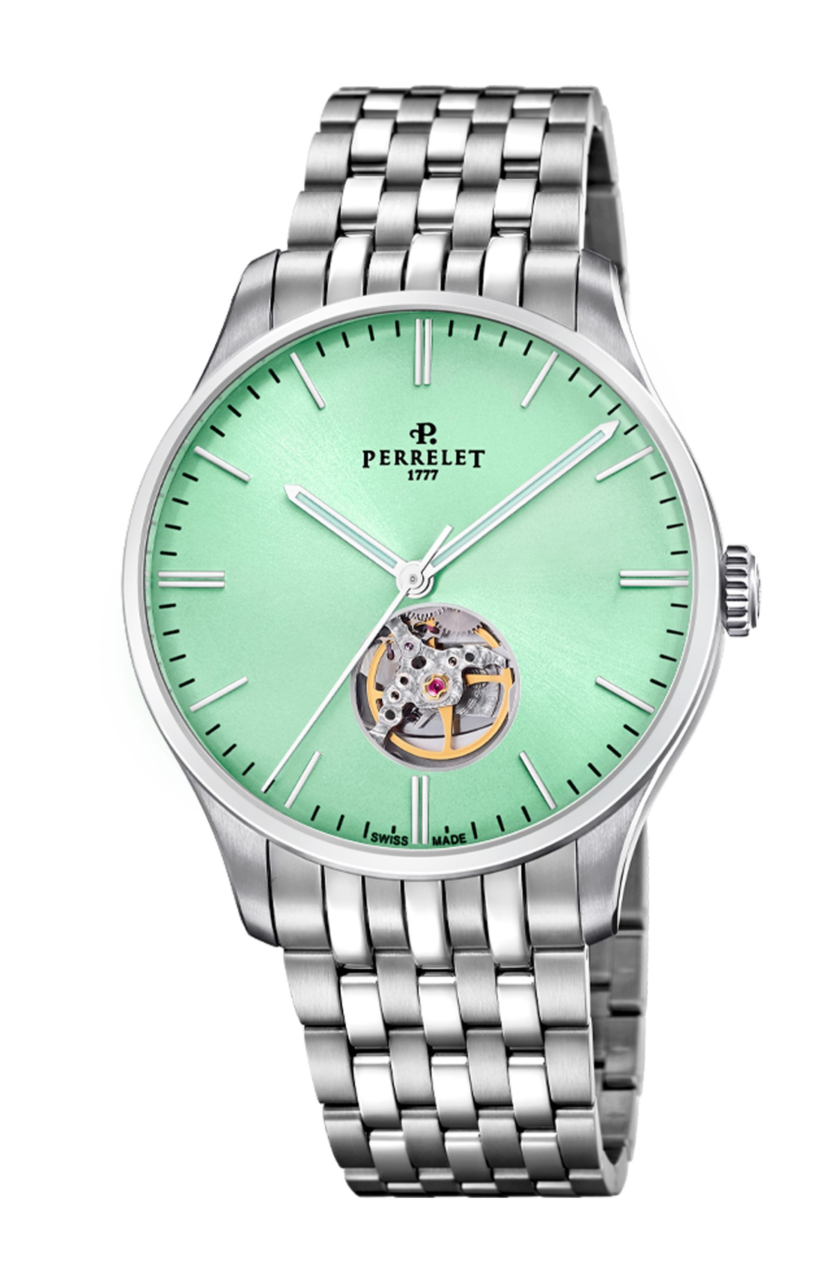 Perrelet Weekend Open Heart Green Mint luxury timepiece - detailed view