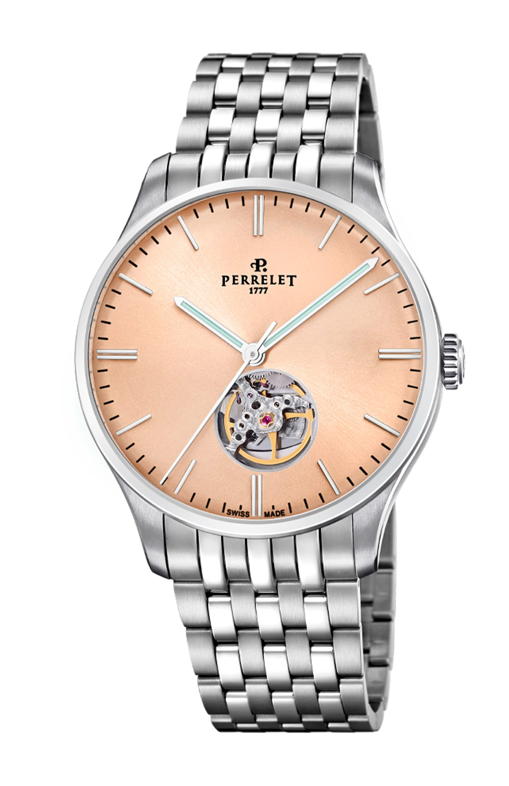 Perrelet Weekend Open Heart Salmon luxury timepiece - detailed view