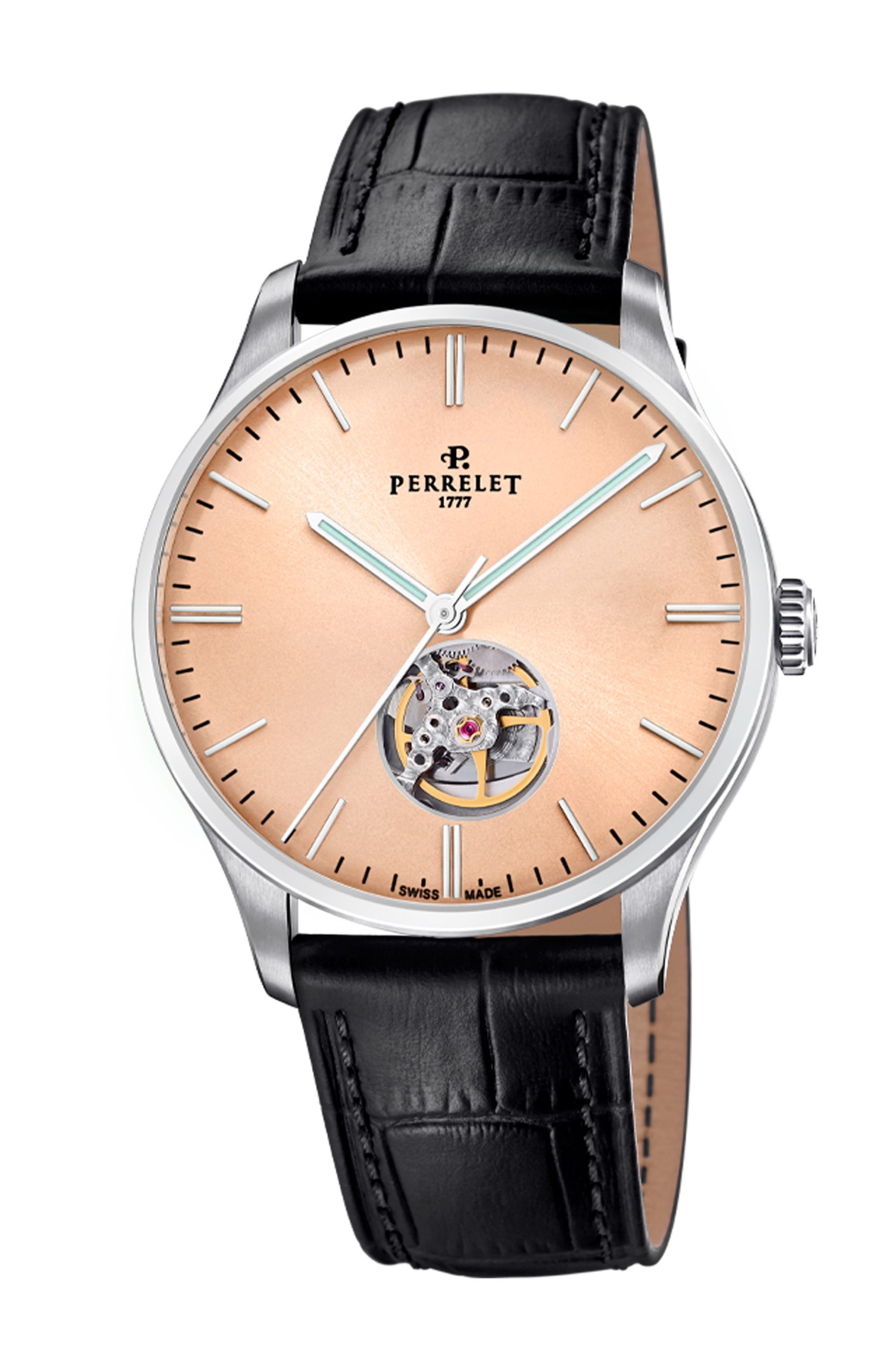 Perrelet Weekend Open Heart Salmon luxury timepiece - detailed view